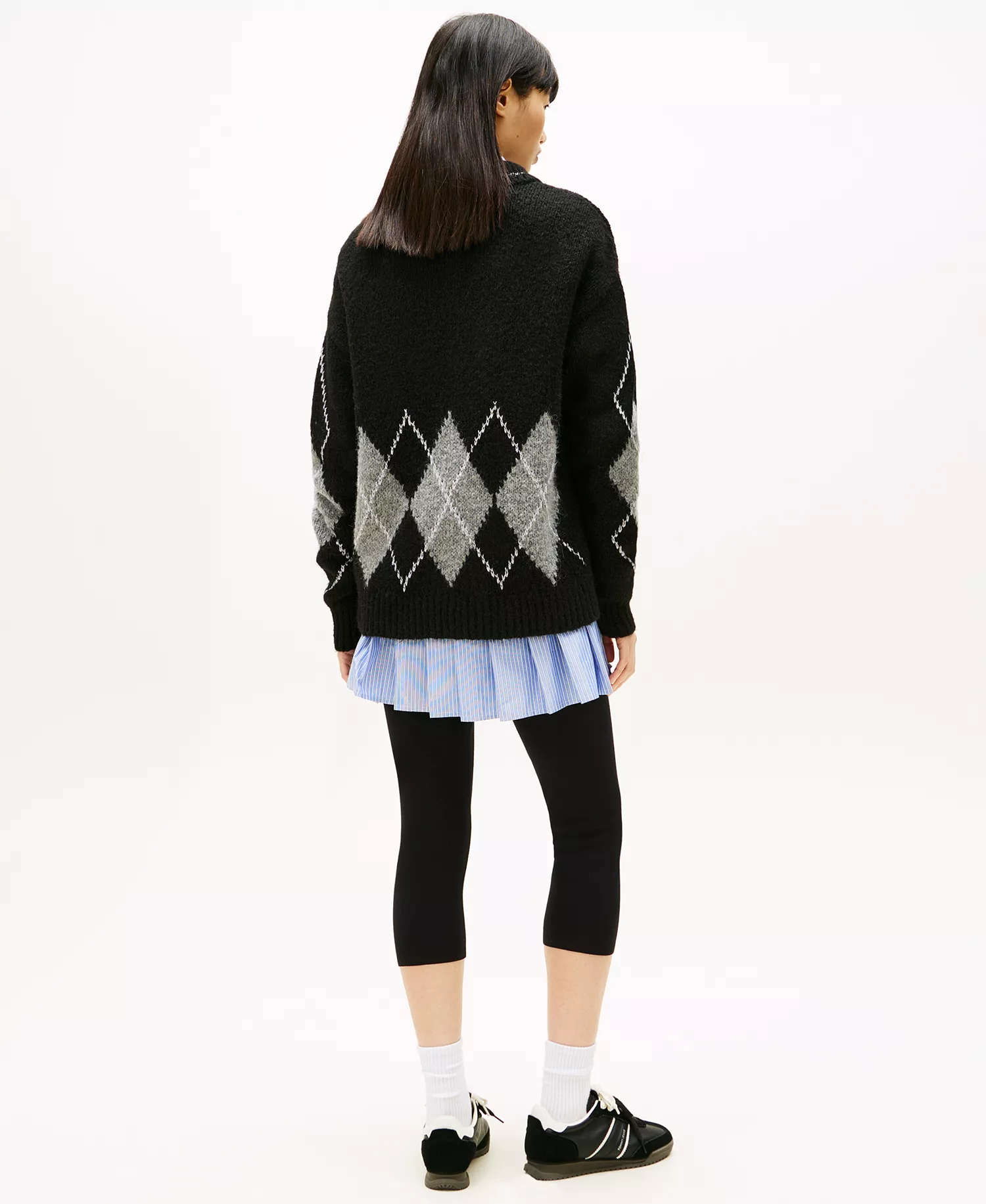 Women's Oversized Argyle Polo Collar Sweater - Black - S