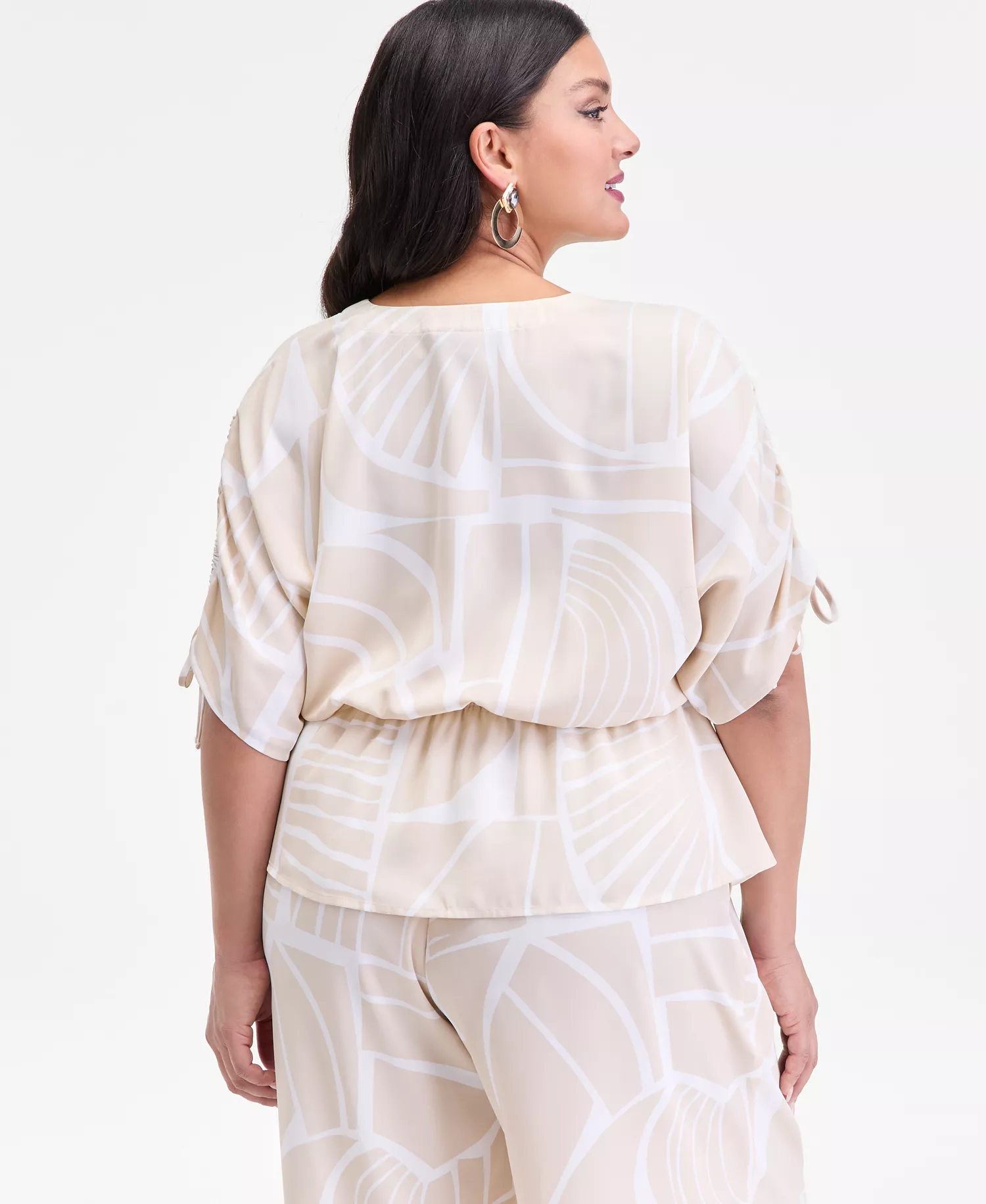 Plus Size Printed Split-Sleeve Peplum Top, Macy's Exclusive  - Fae Geo Neutral - 0X