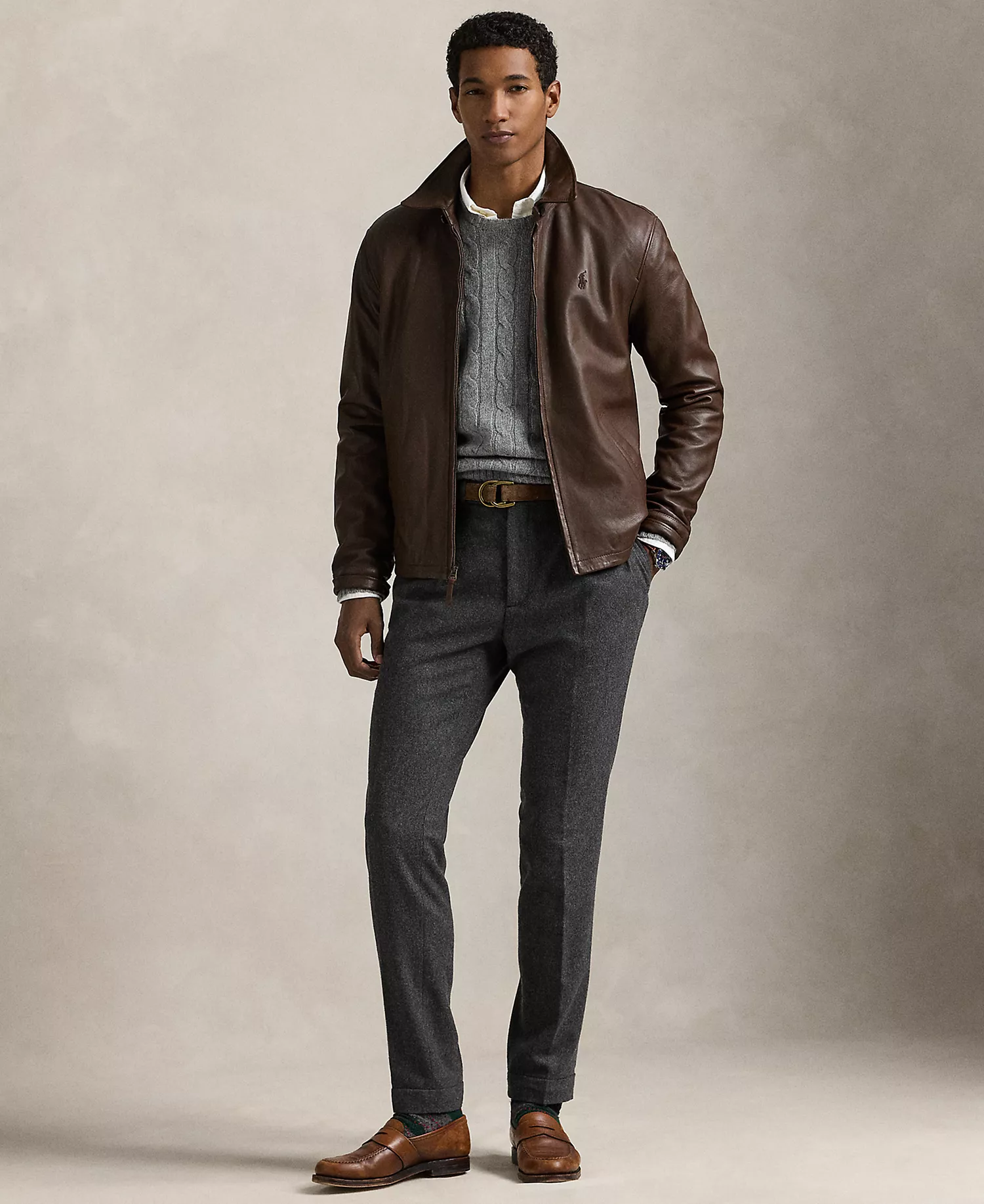 Men's Leather Jacket - Bison Brown - 2XL