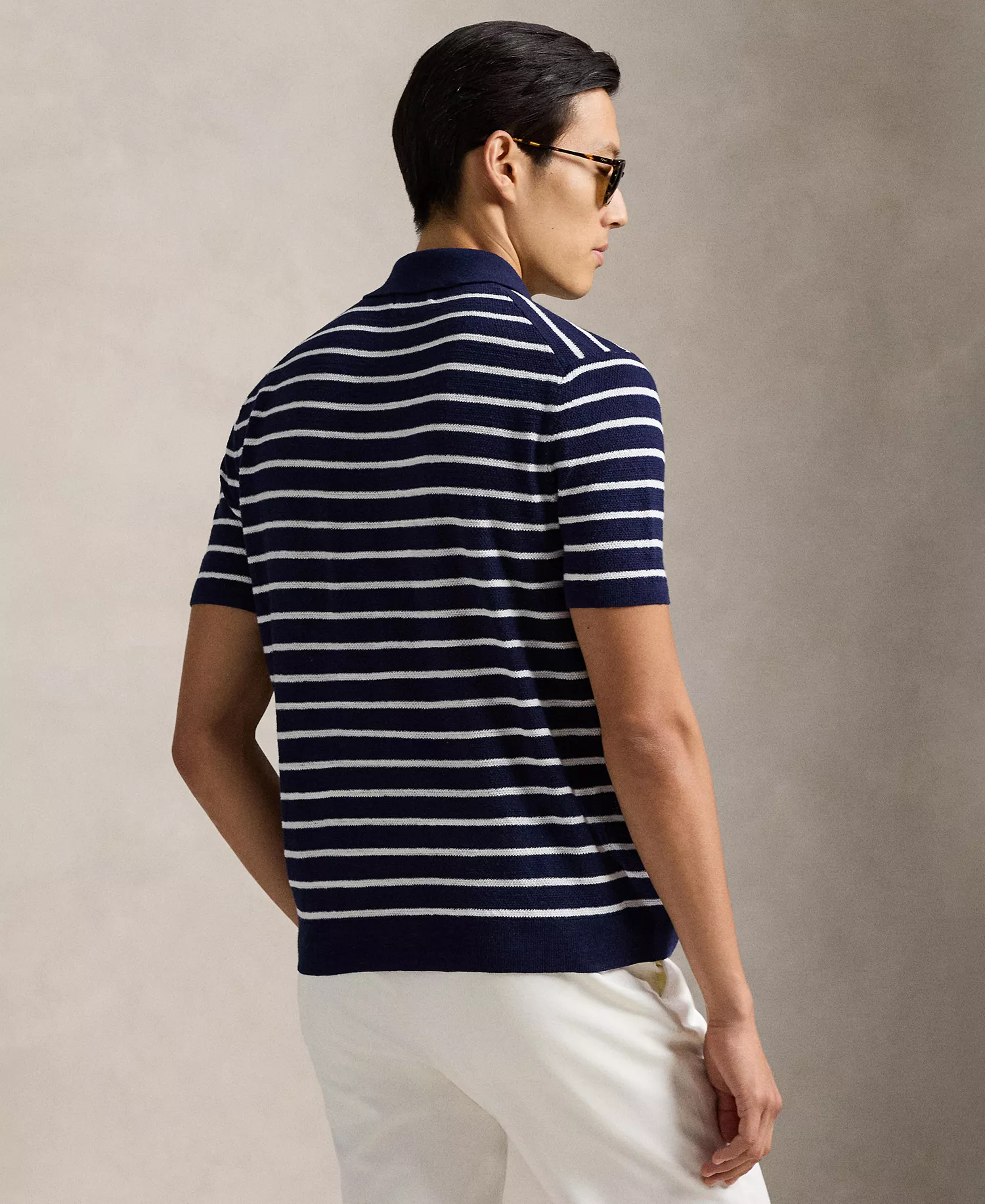 Men's Short-Sleeve Polo Collar Sweater - Bright Navy Combo - 2XL