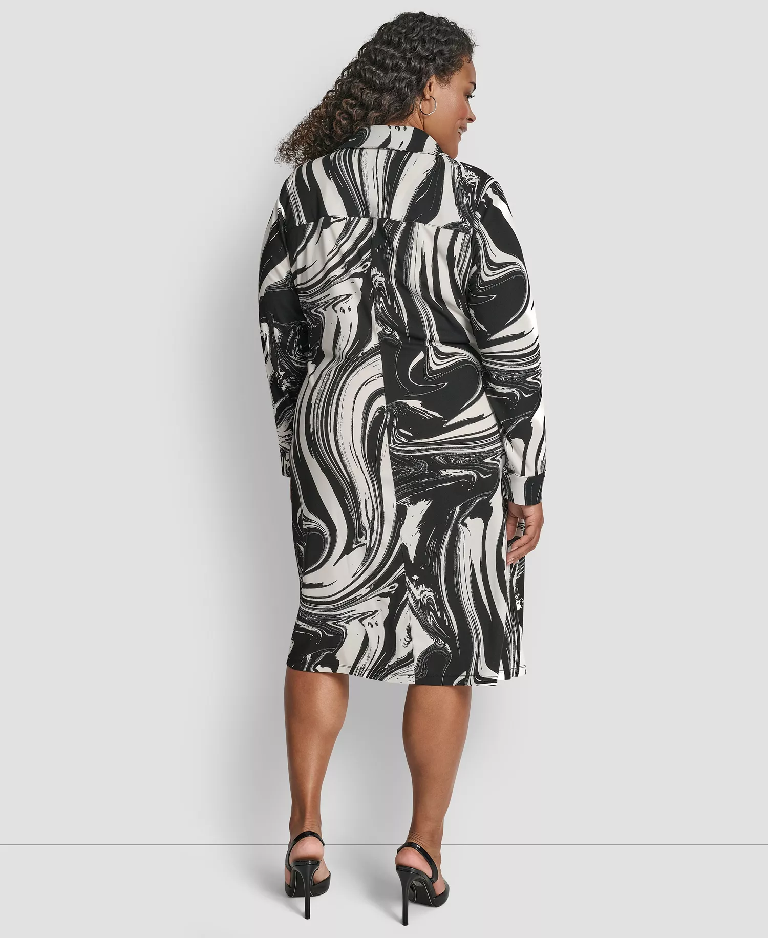 Plus Size Long-Sleeve Button Front Shirt Dress - Black/Ivory - 14W