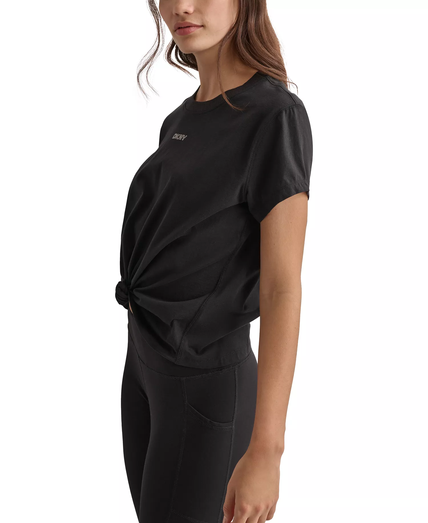 Women's Cotton Stud Logo Knot-Front T-Shirt - Black - L