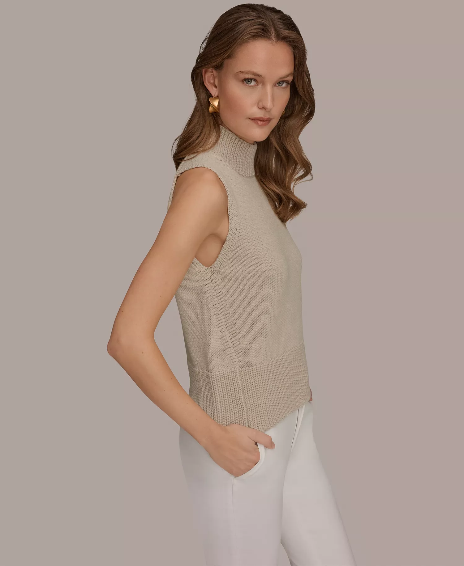 Women's Sleeveless Mock Neck A-Line Sweater - Tuscan Grey - L