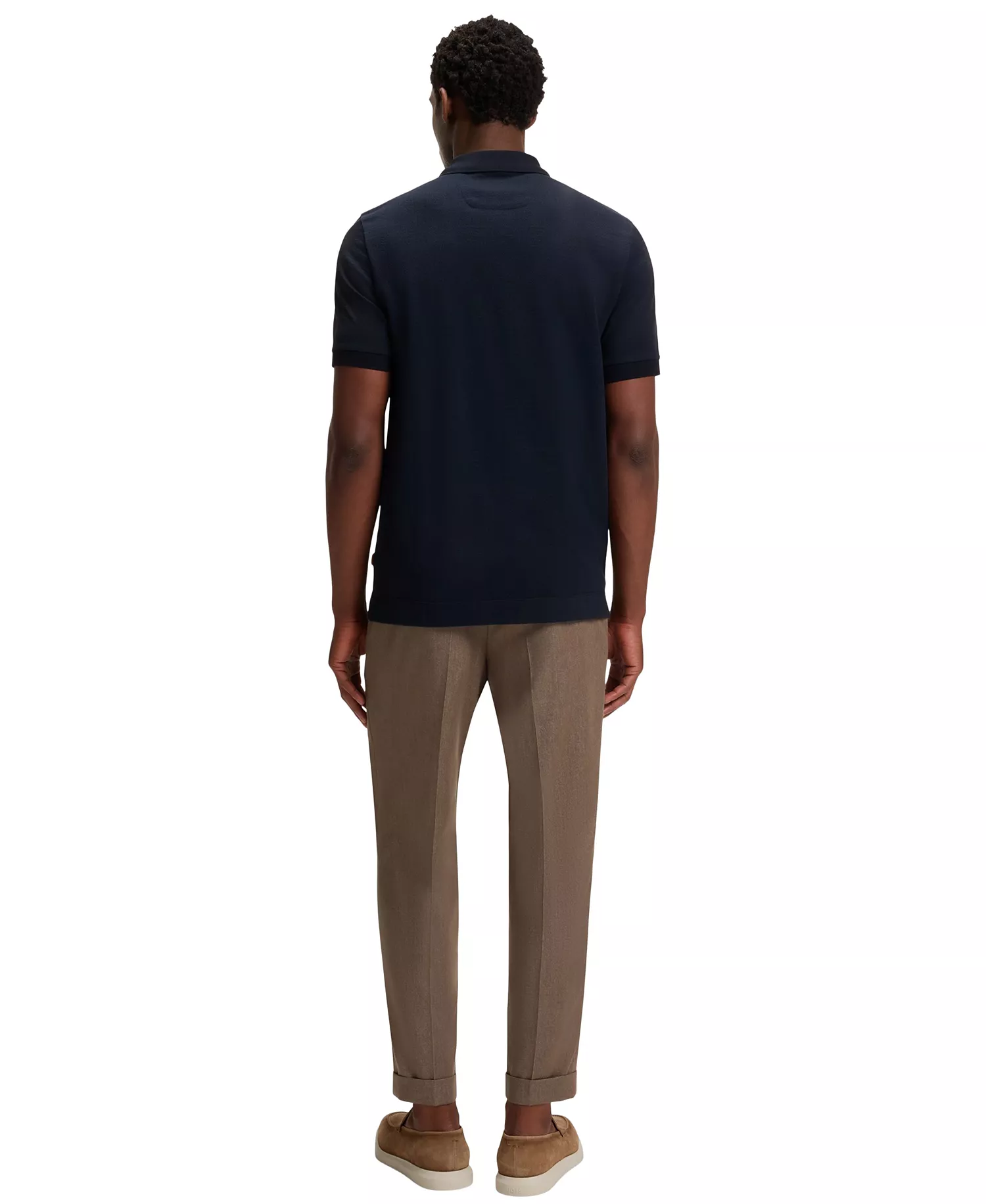 Men's Cotton-Silk Jacquard Zip-Neck Polo Shirt - Dark Blue - M