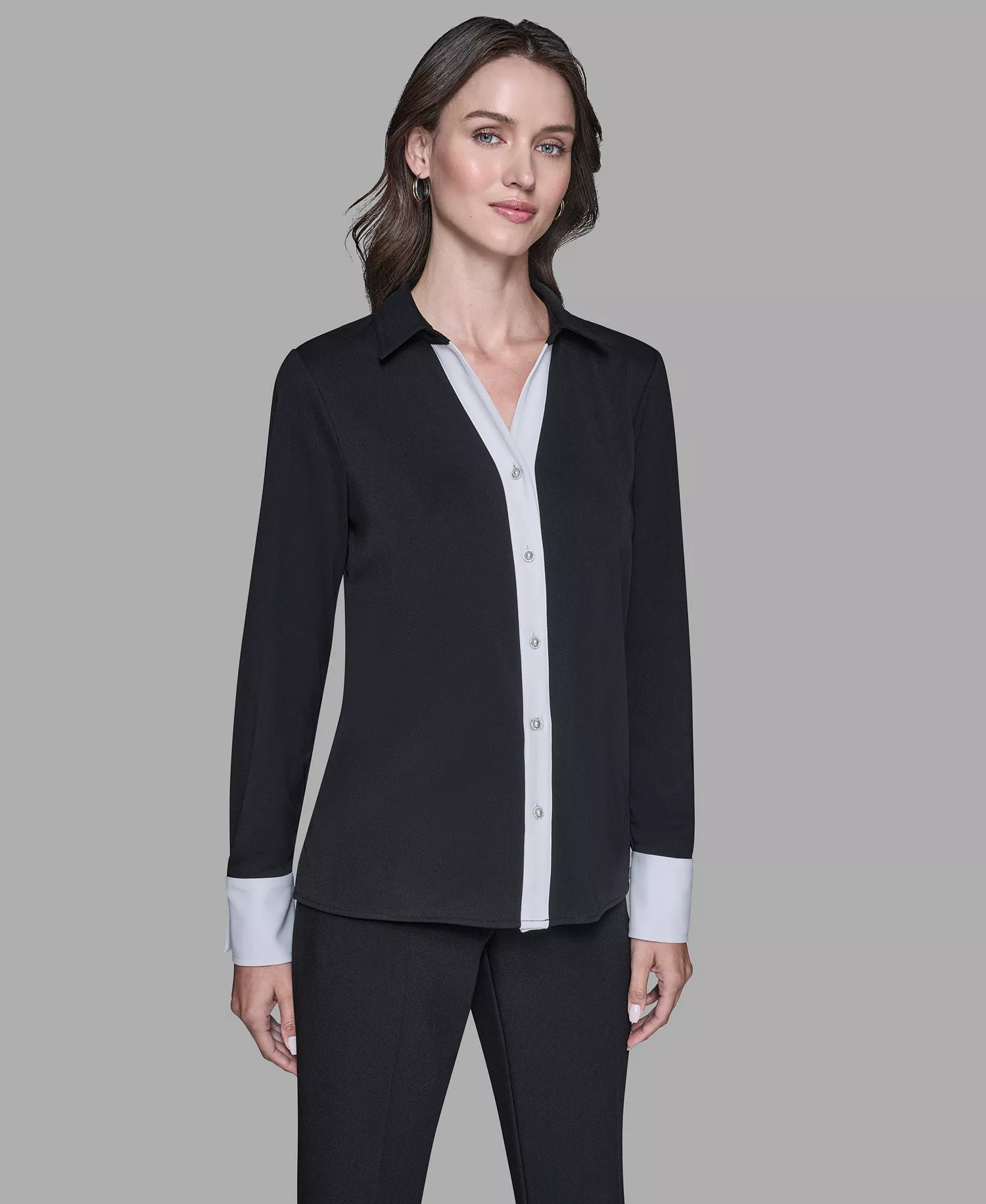 Women's Contrast Collared Top - Black/soft White - L