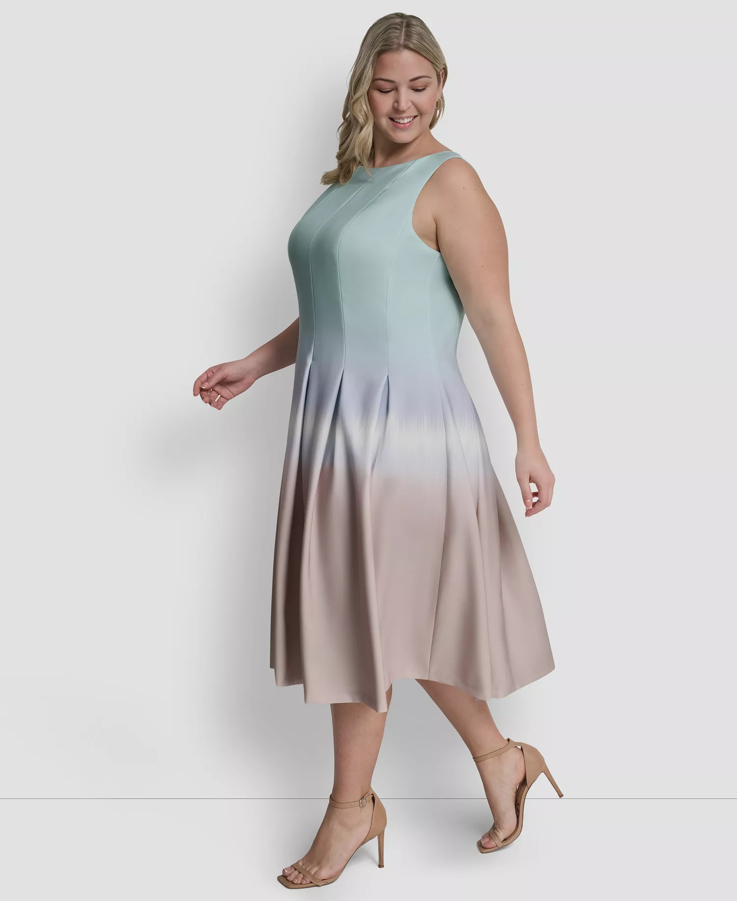 Plus Size Pleated Jewel Neck Sleeveless Midi Dress - Bleached Aqua Multi - 14W