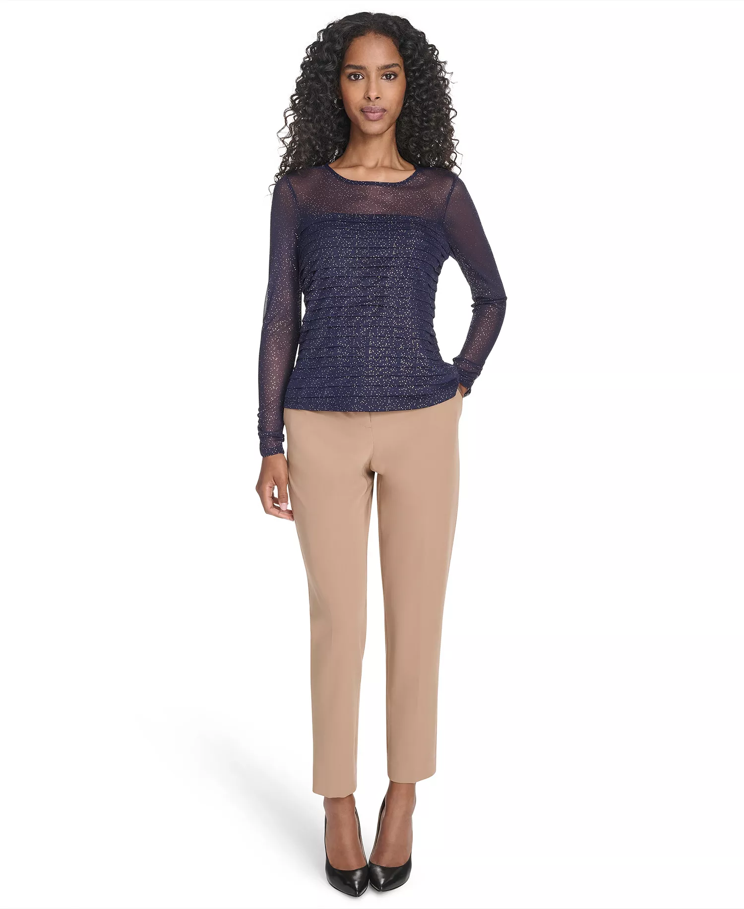 Women's Crew Neck Pleated Lurex Dot Top - Navy/ Gold - L