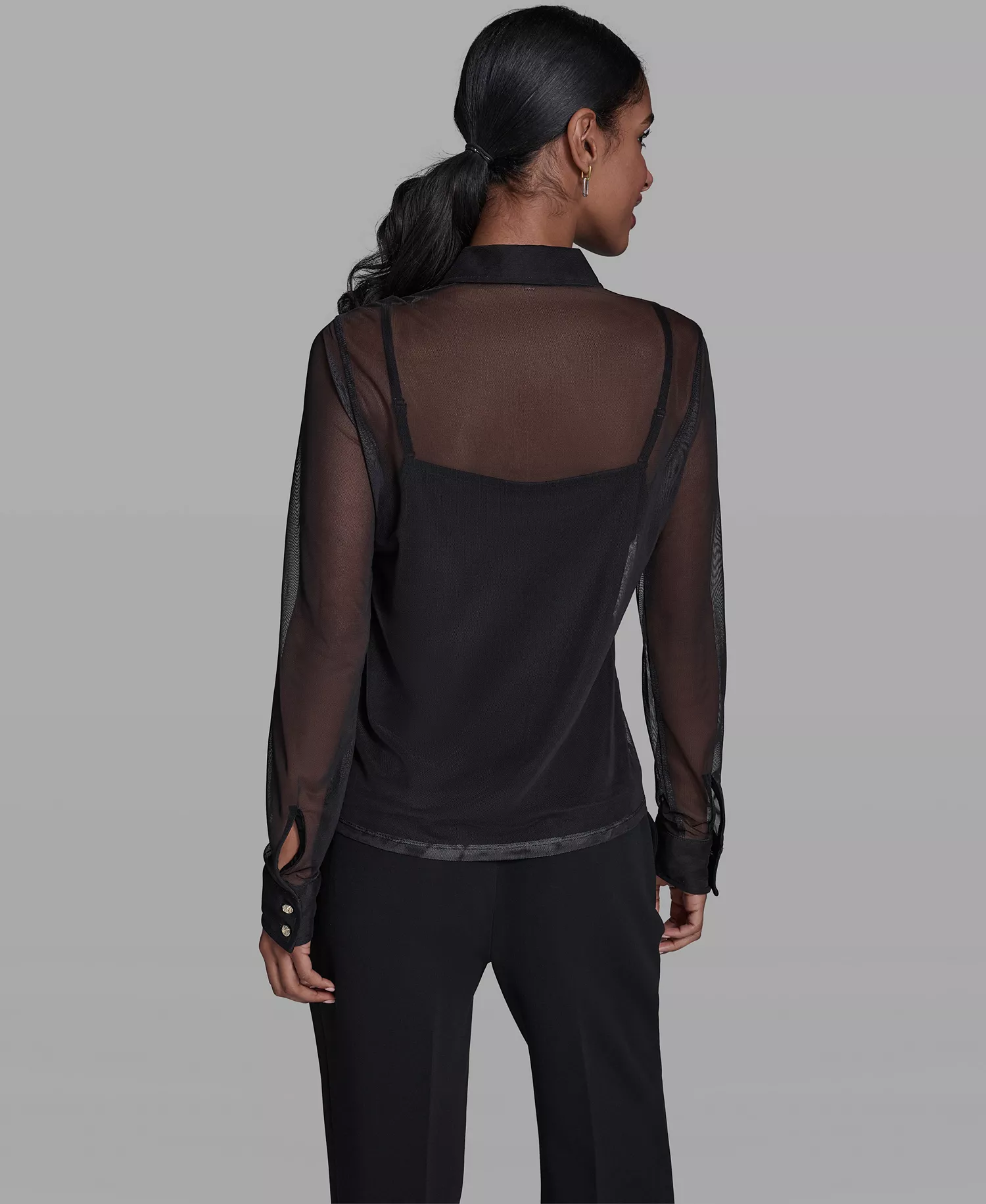 Women's Placed Floral Mesh Collared Shirt - Black - L