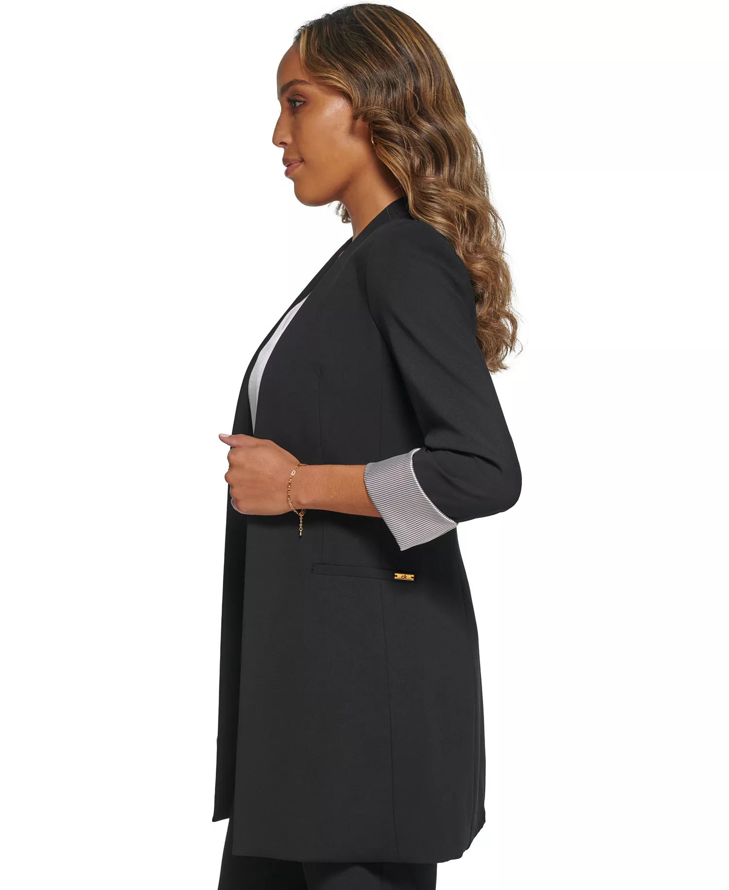 Petite Roll Sleeve Open Front Blazer - Black - 10P