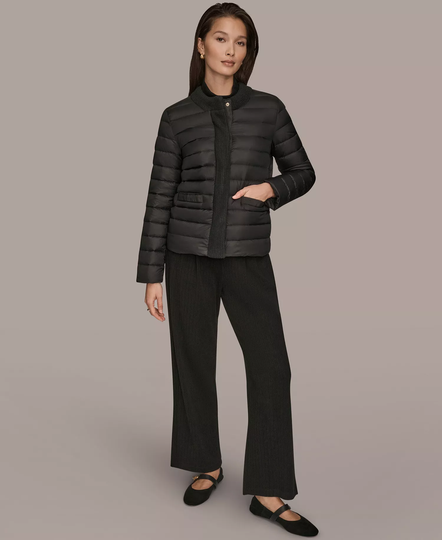 Women's Down Fill Packable Puffer Jacket with Sweater Trim Collar - Black - L