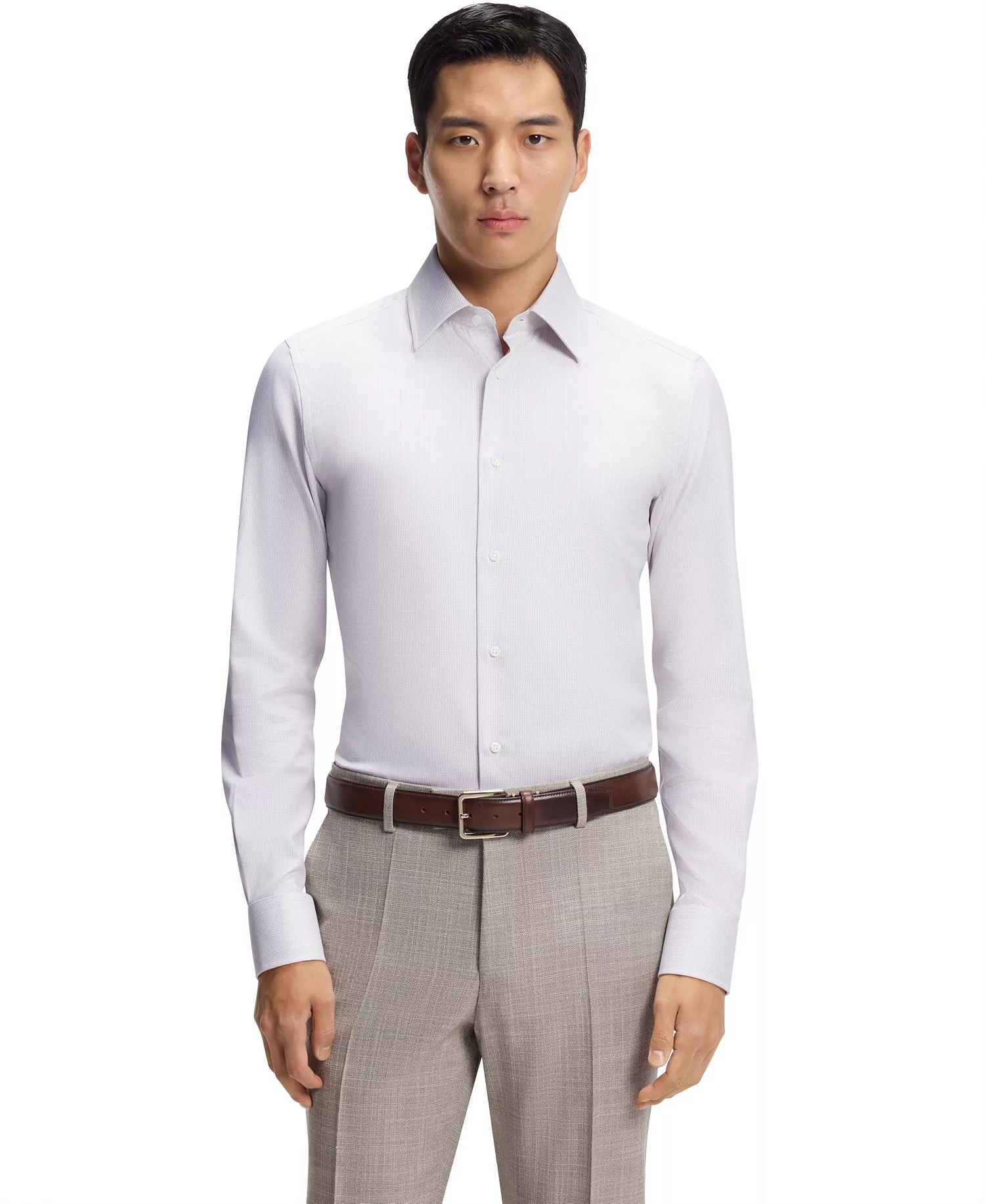 Men's Italian-Made Structured Cotton Slim-Fit Dress Shirt - Dark Beige - 15.5