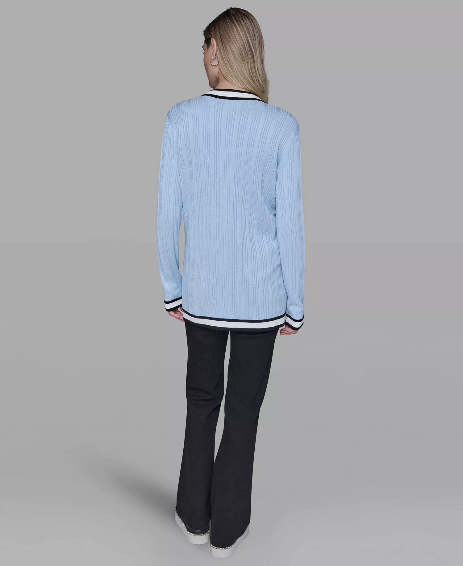 Women's V-Neck Contrast Cardigan - Blue Aura - L