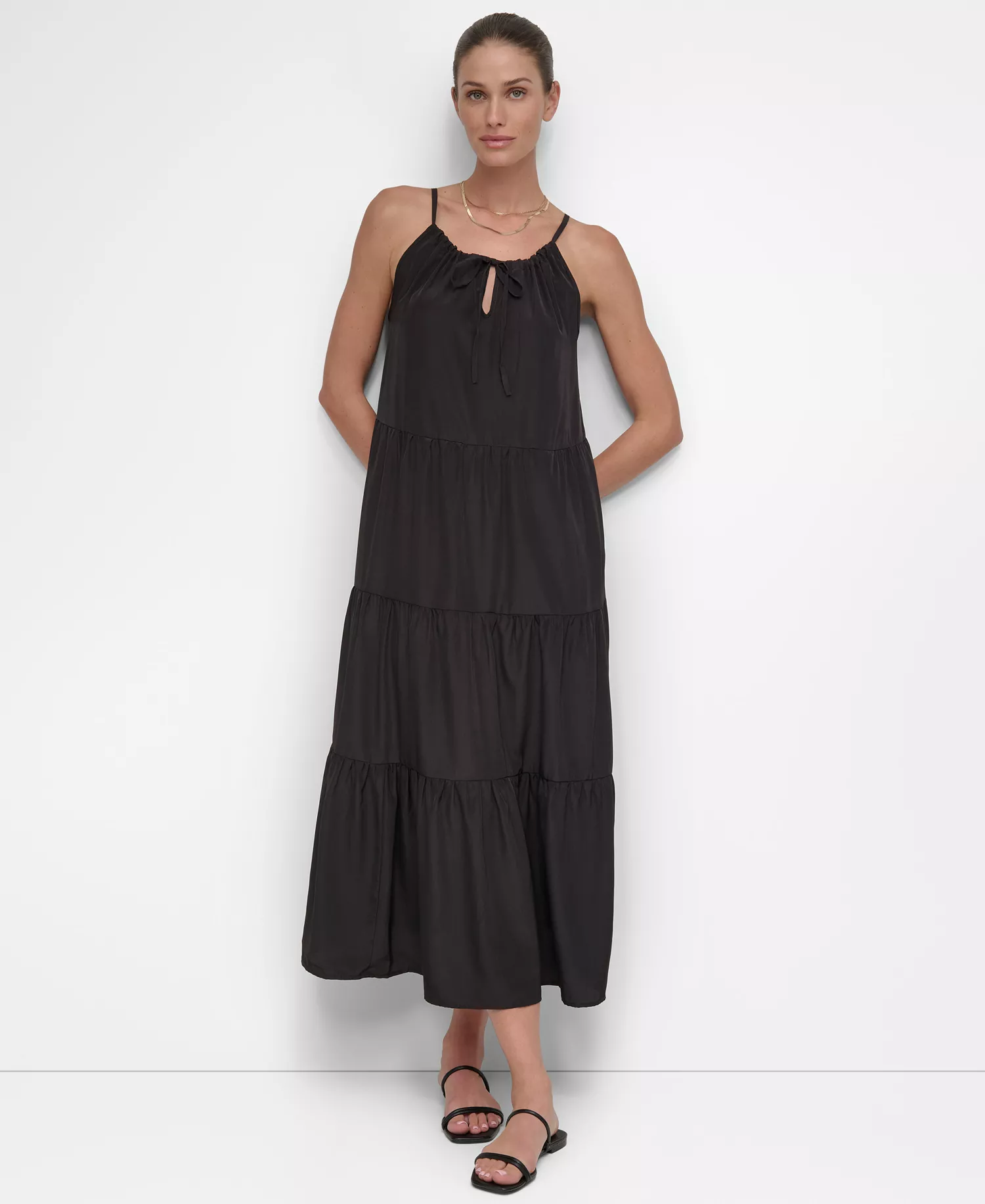 Women's Tiered Maxi Dress Swim Cover-Up - Black - L