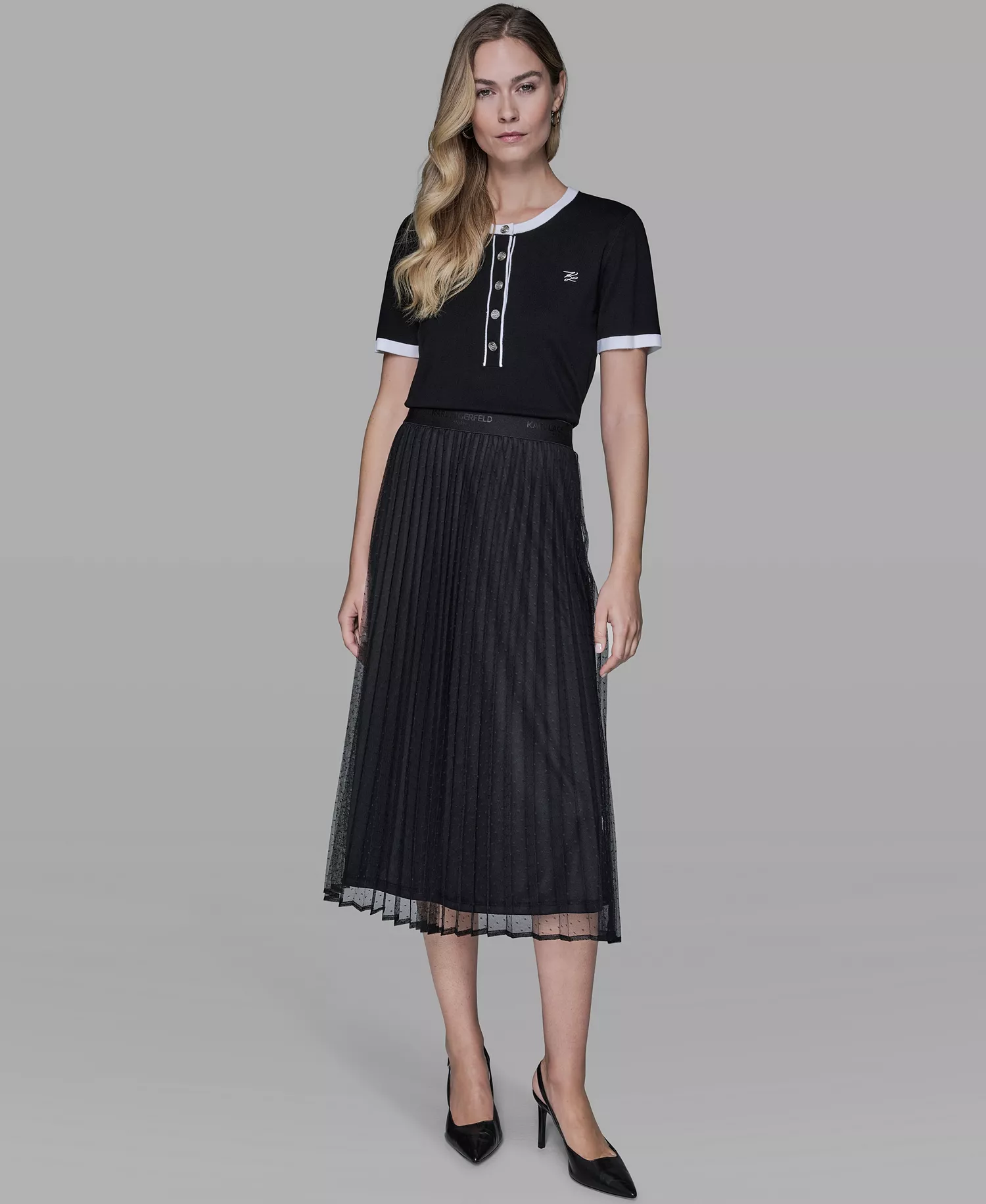 Women's Long Mesh Pleated Midi Skirt - Black - L