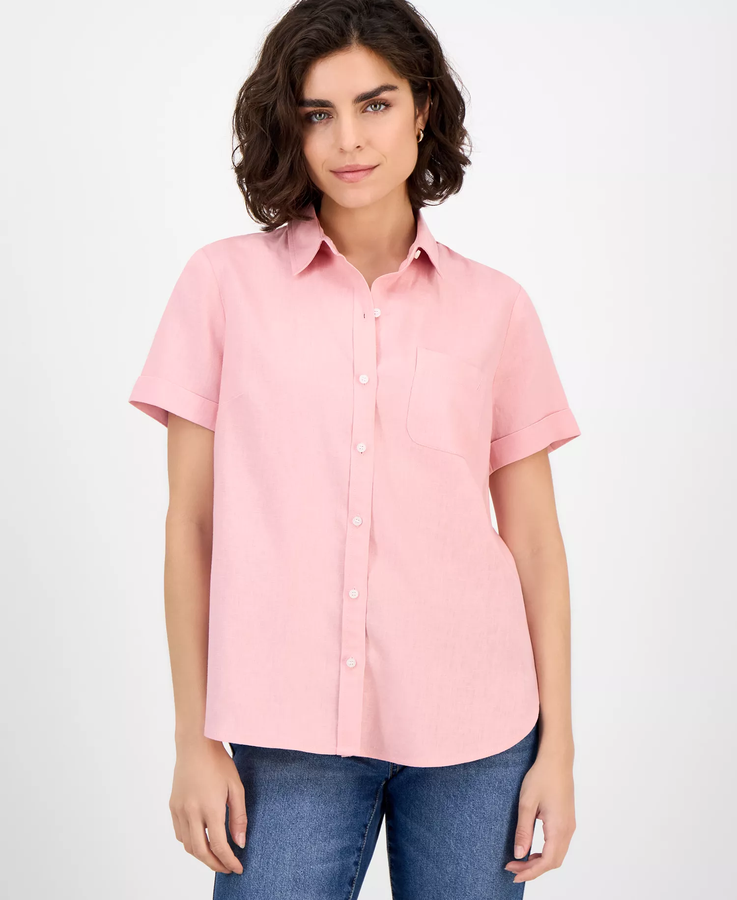 Nautica Women's Solid Short-Sleeve Camp Shirt - Bridal Rose - L