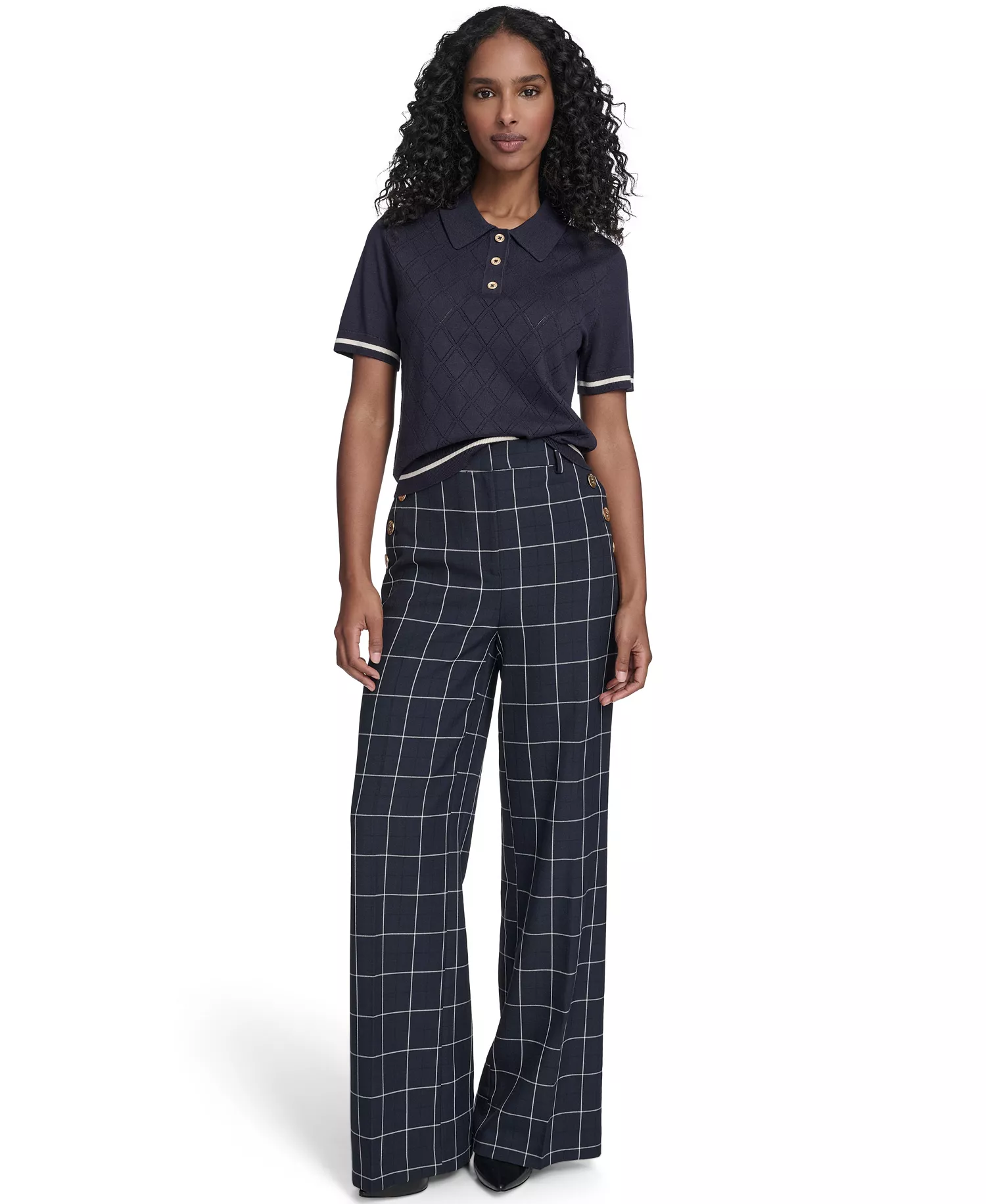 Women's Short Sleeve Pointelle Polo Sweater - Midnight/ Whitecap - L