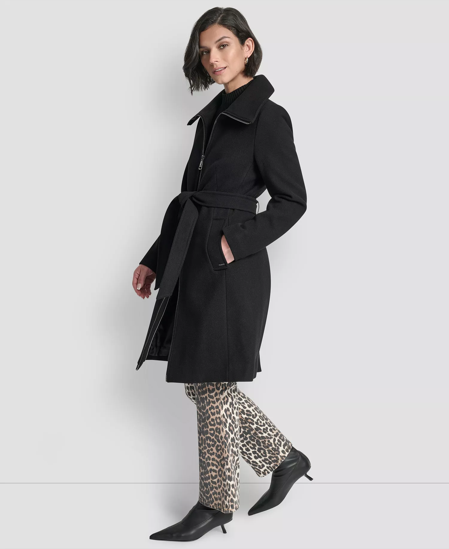 Women's Collared Neck Belted Coat - Black - L