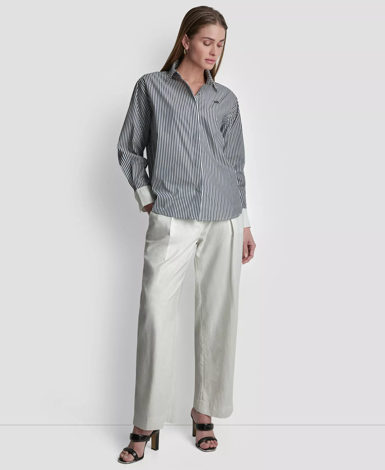 Women's Striped Button-Down Shirt - Navy/white - L