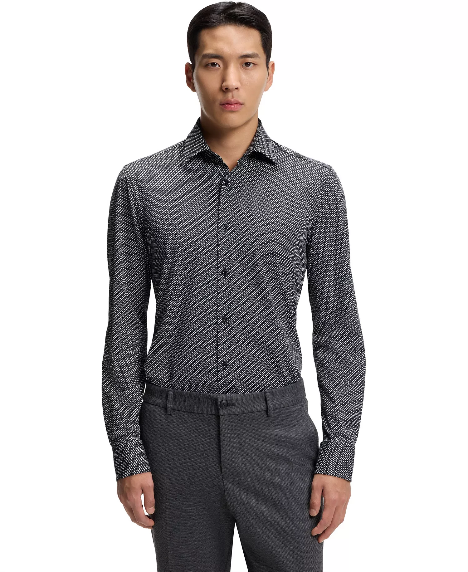 Men's Performance-Stretch Fabric Slim-Fit Dress Shirt - Black - 14.5