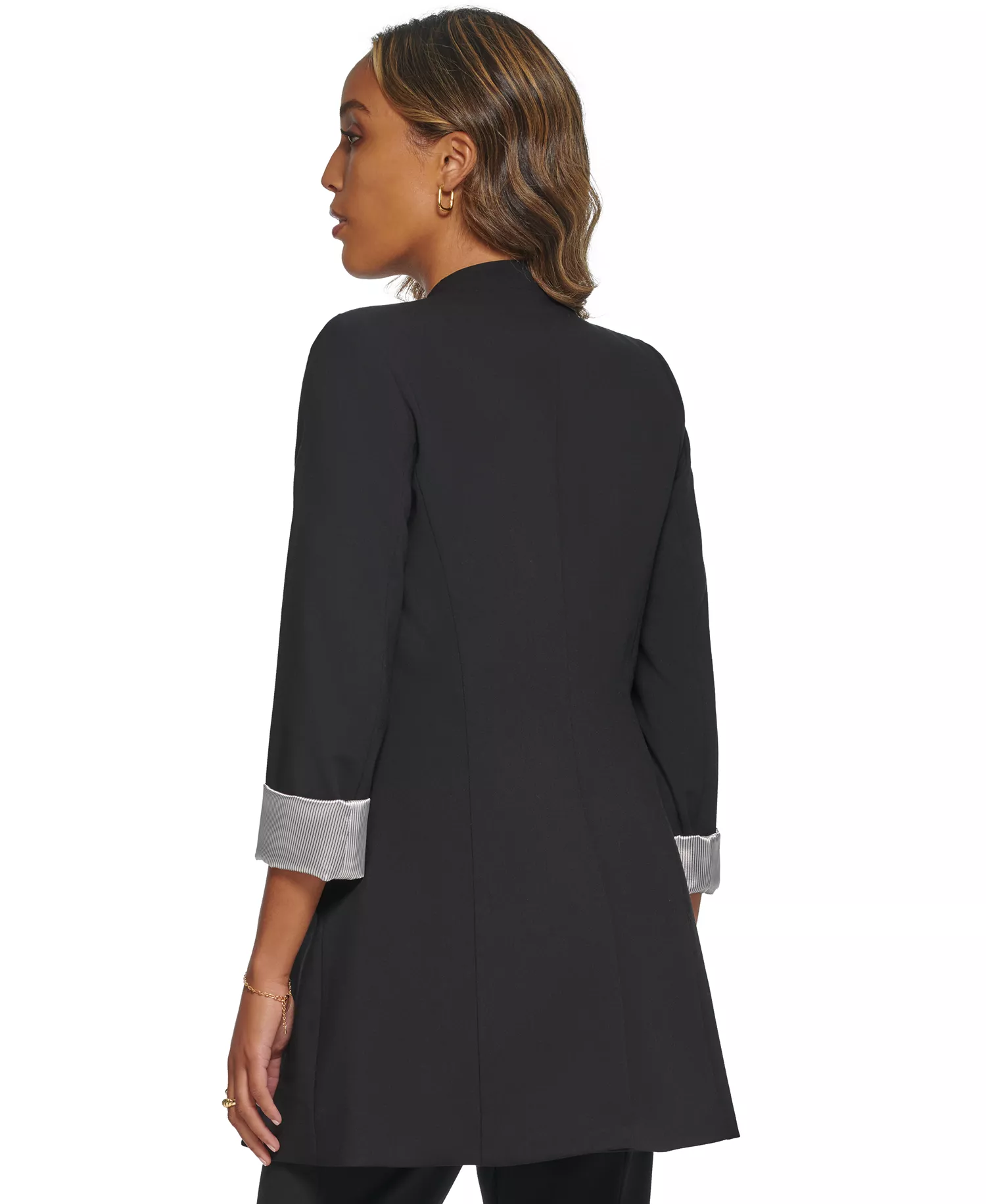 Petite Roll Sleeve Open Front Blazer - Black - 10P