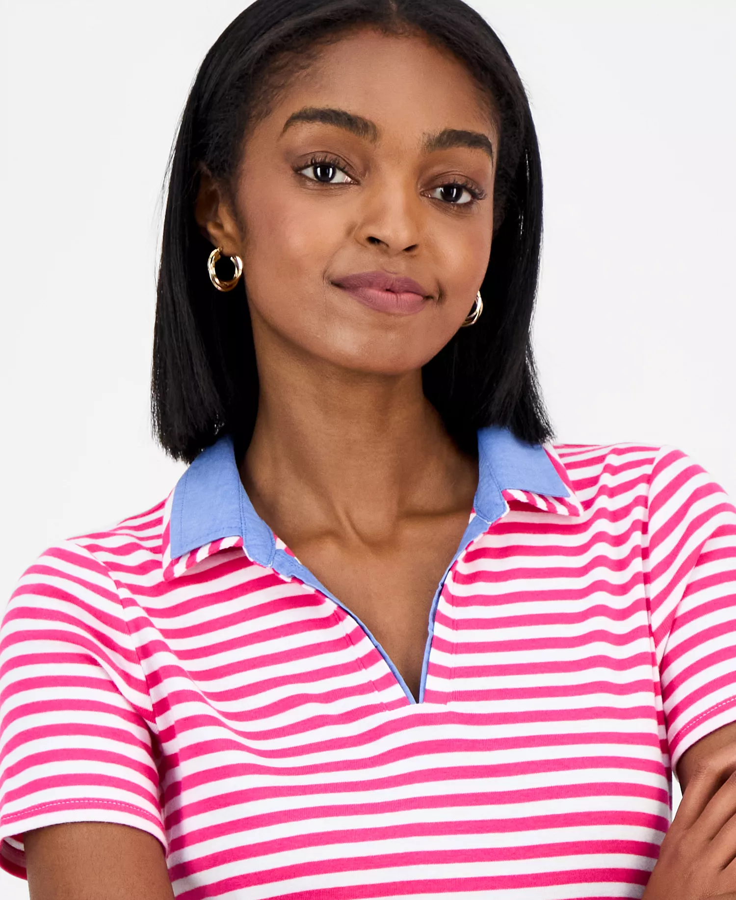 Nautica Women's Cotton Double-Collar Polo T-Shirt - Aster Pink/bright White - L