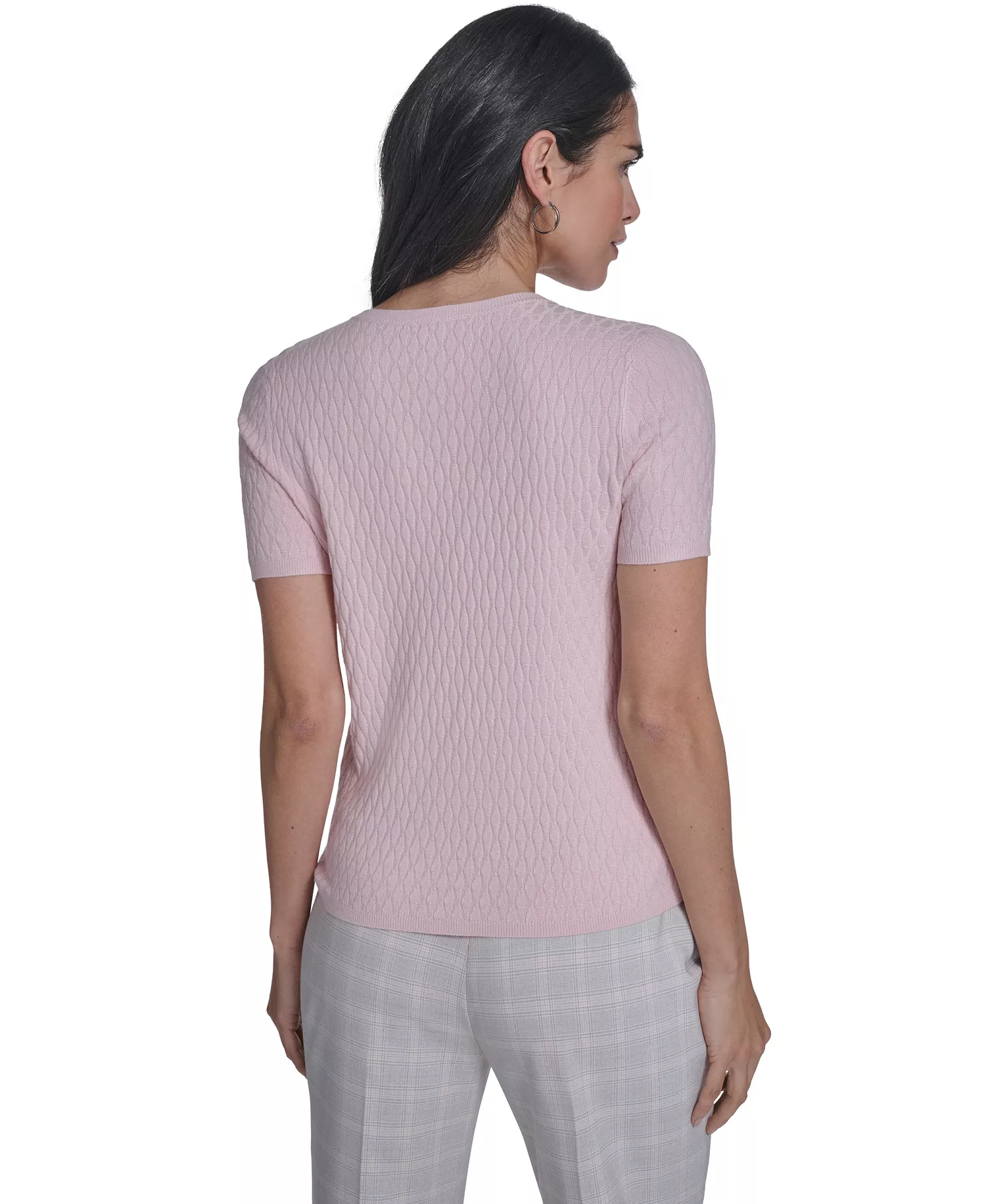 Petite Textured Short-Sleeve Sweater - Latte/Petal Pink - P/L