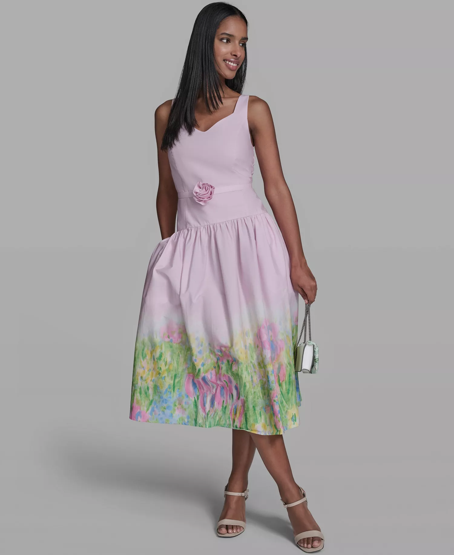 Women's Drop Waist Border Hem Midi Dress - Pink Sherbet/Tea Green Combo - 10