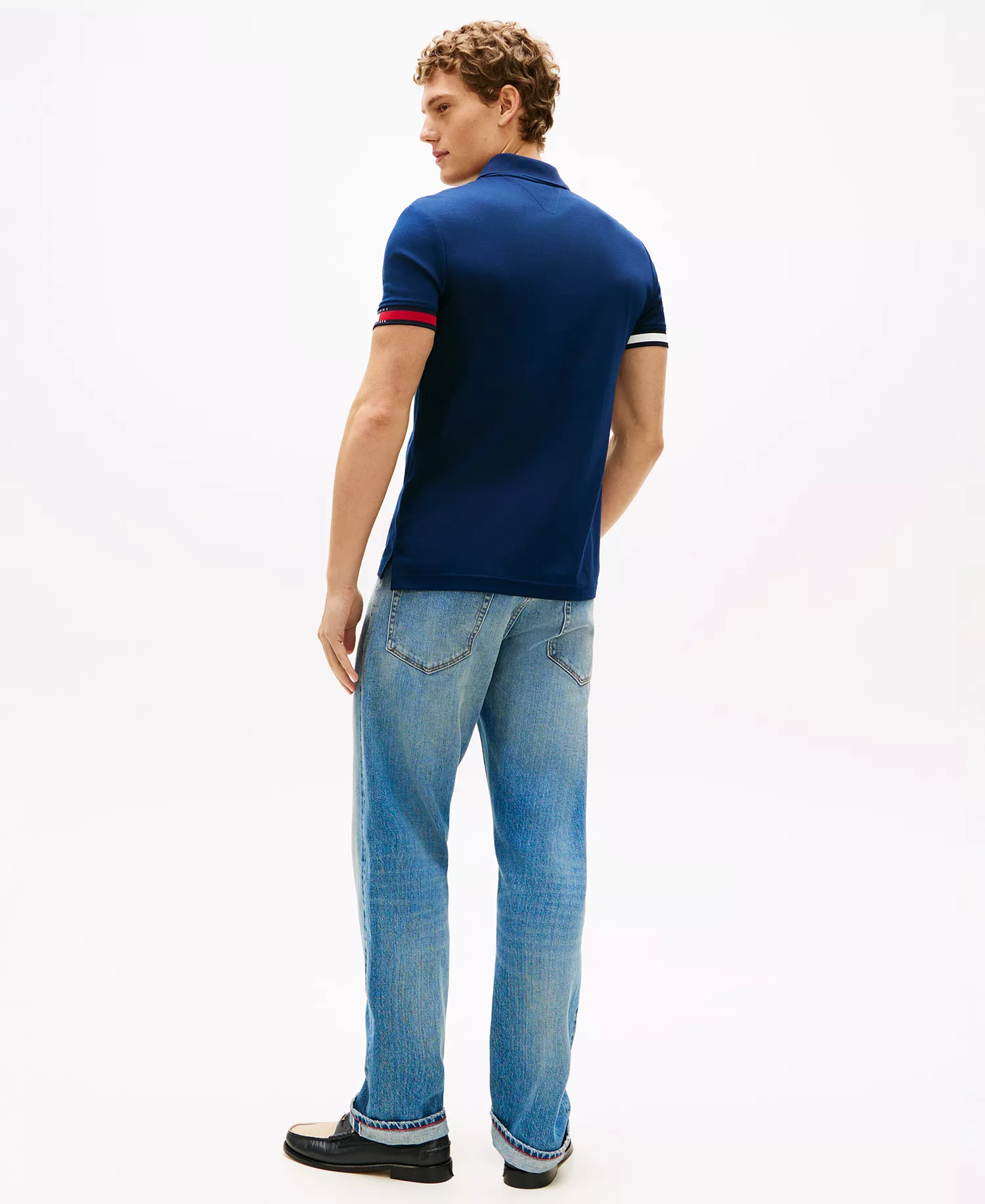 Men's Liquid Cotton Red, White, and Blue Cuff Polo Shirt - Carbon Navy - L