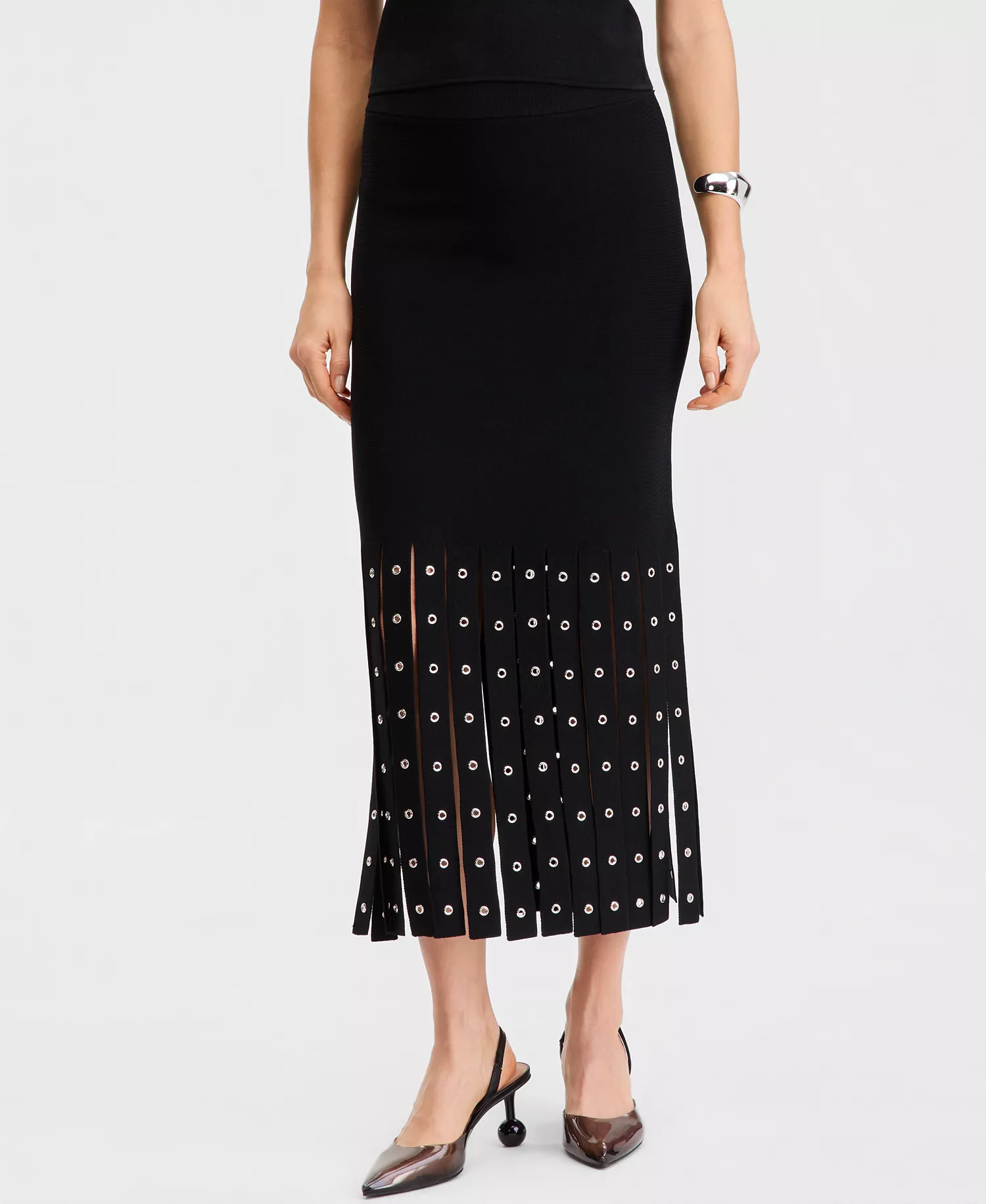 Women's Grommet & Fringe Sweater Skirt - Black - L