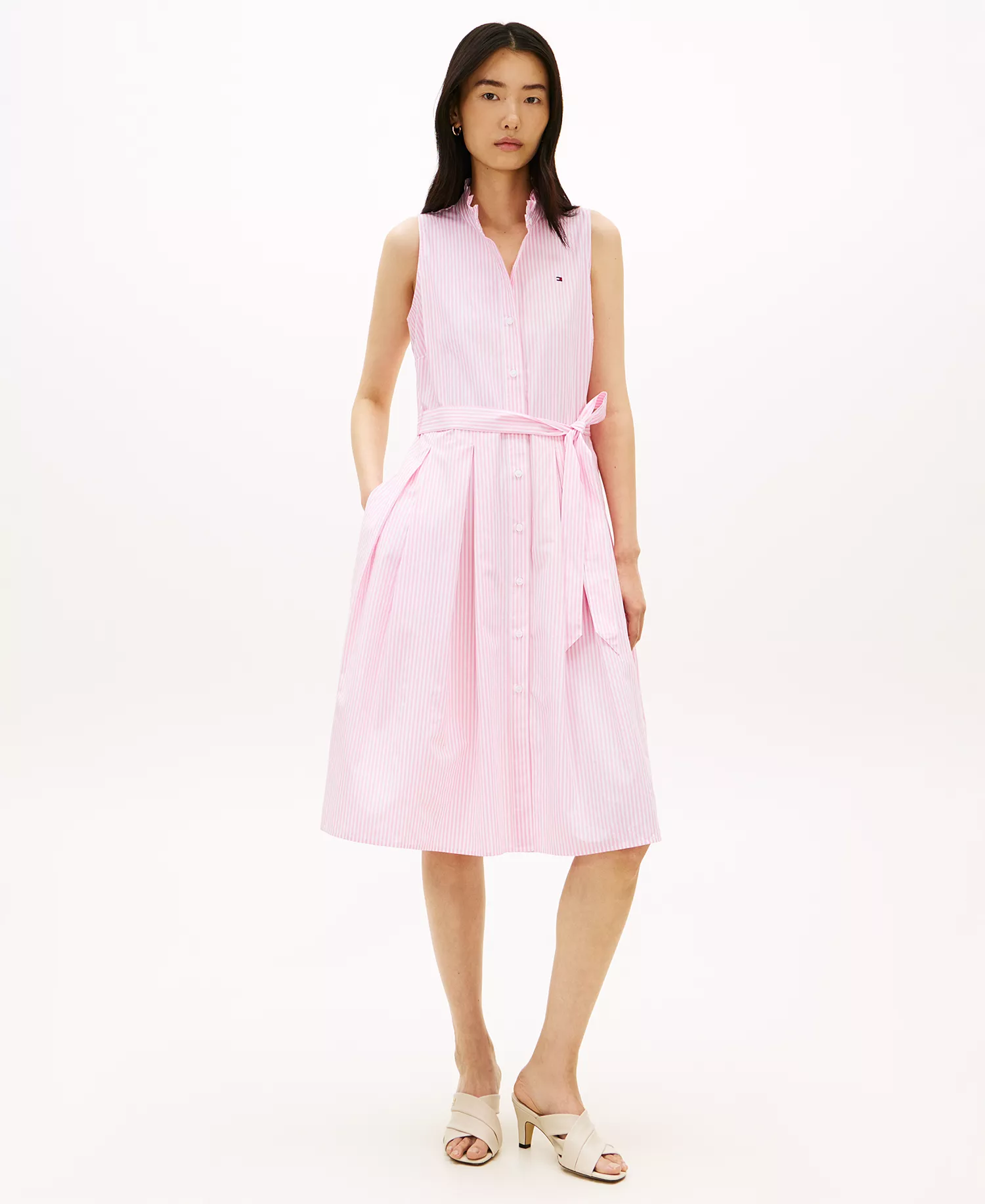 Women's Poplin Frill Collared Shirt Dress - Pink - L