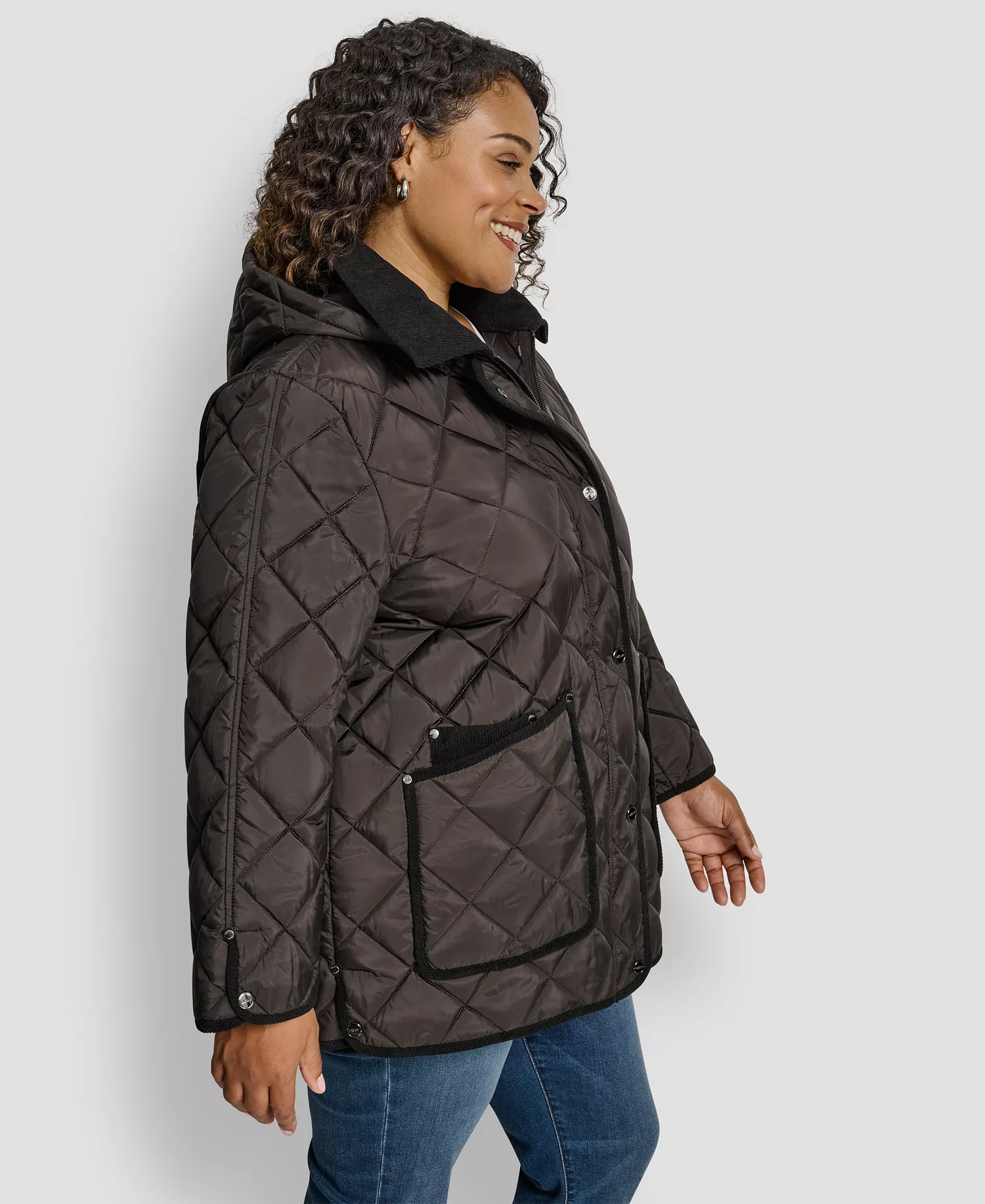 Plus Size Hooded Quilted Coat - Bitter - 0X