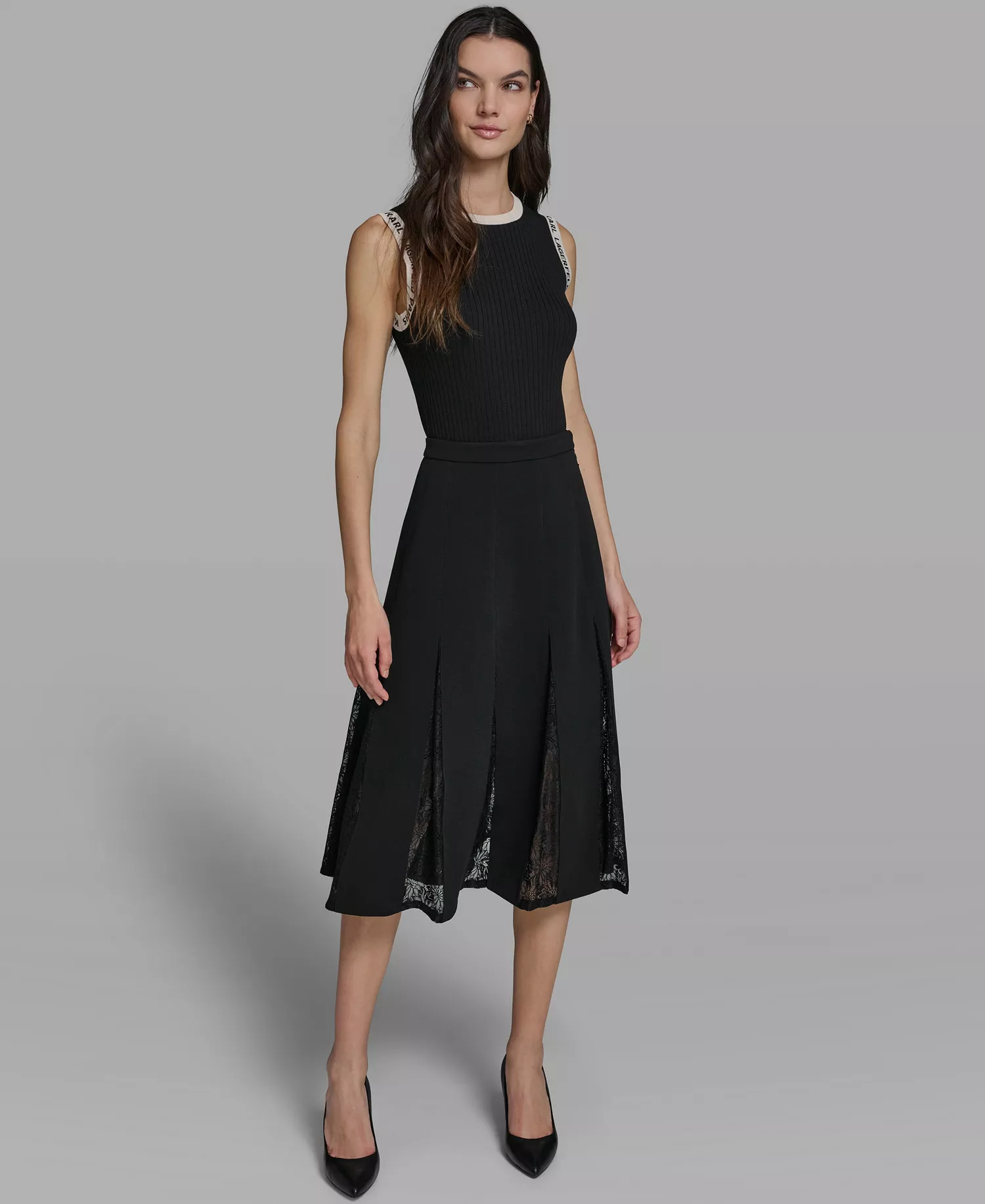 Women's Lace Inset Midi Skirt - Black - 0