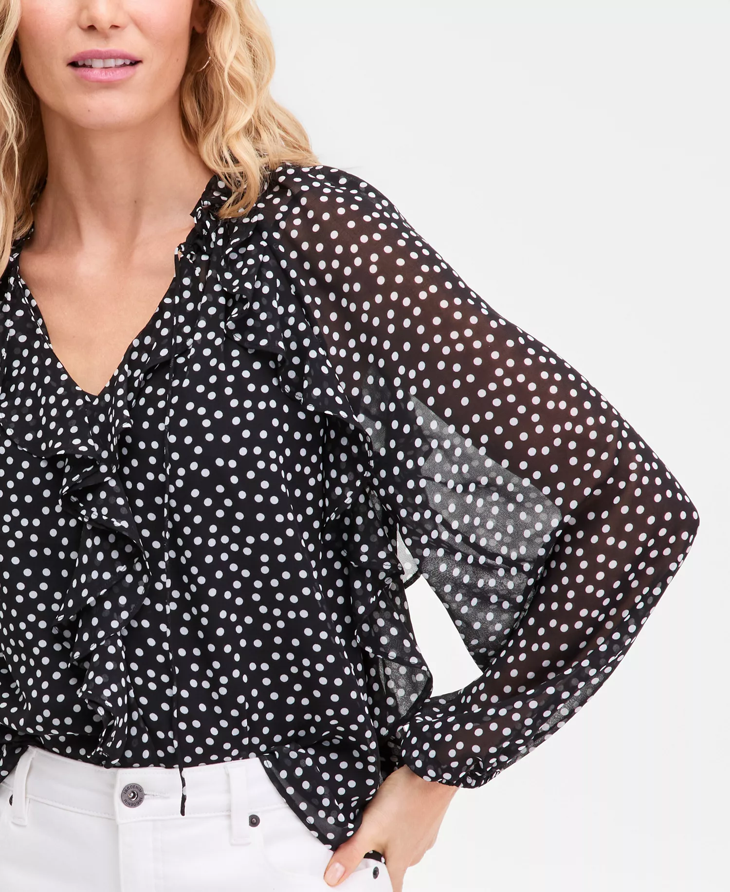 Women's Ruffle-Trim V-Neck Blouse, Macy's Exclusive - Lilia Dots - L