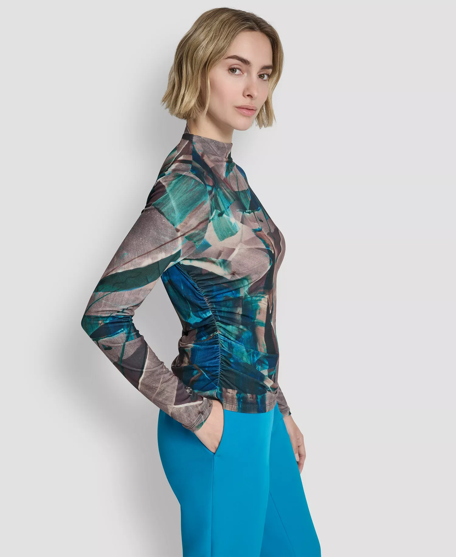 Women's Mock Neck Long Sleeve Top - City Taupe/ocean Blue Multi - L