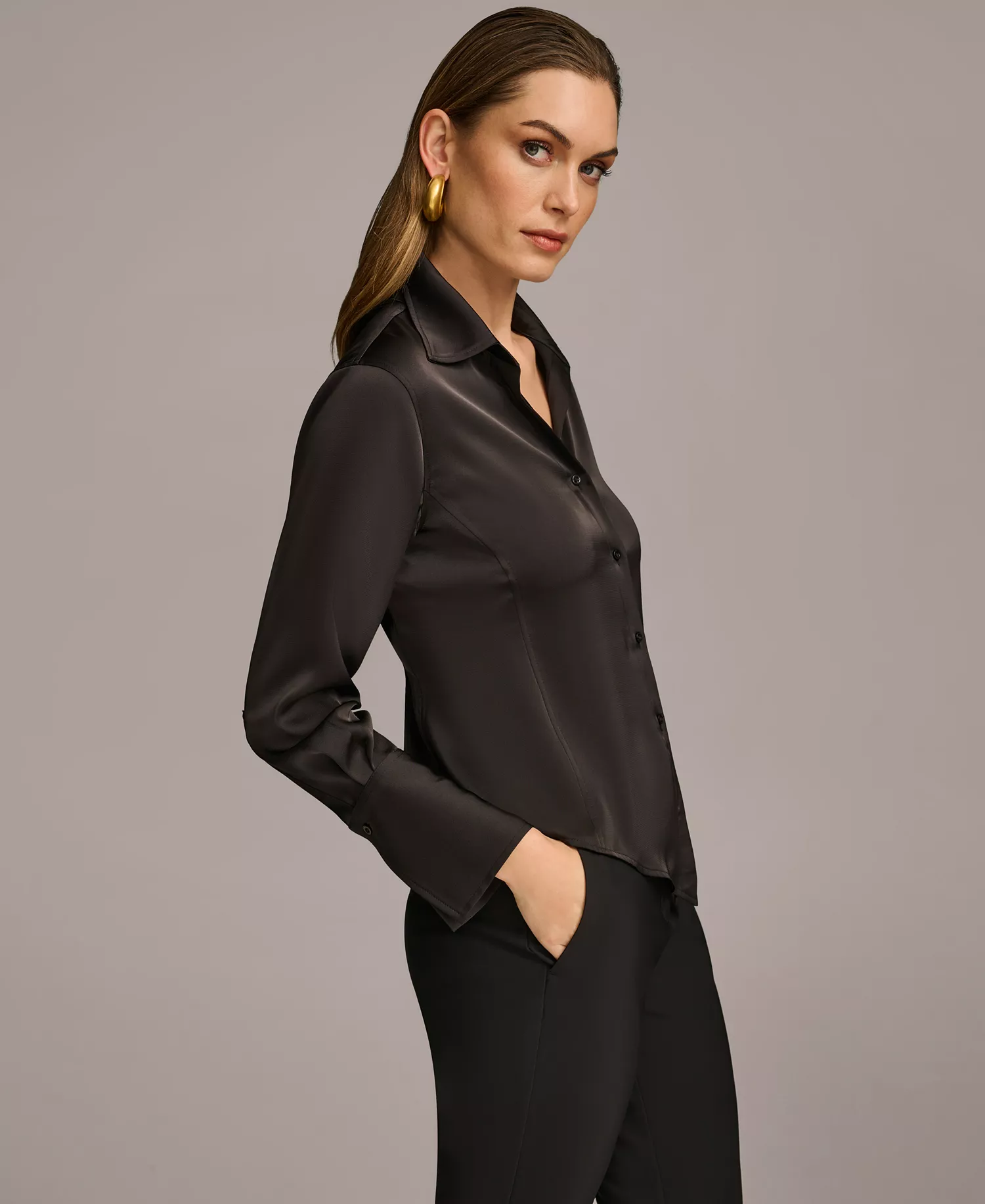 Petite Button Front Point Hem Top - Black - P/L