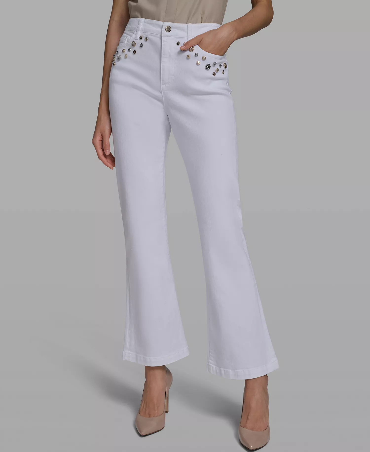 Women's Mid-Rise Studded-Pocket Straight Jeans - White Denim - 0