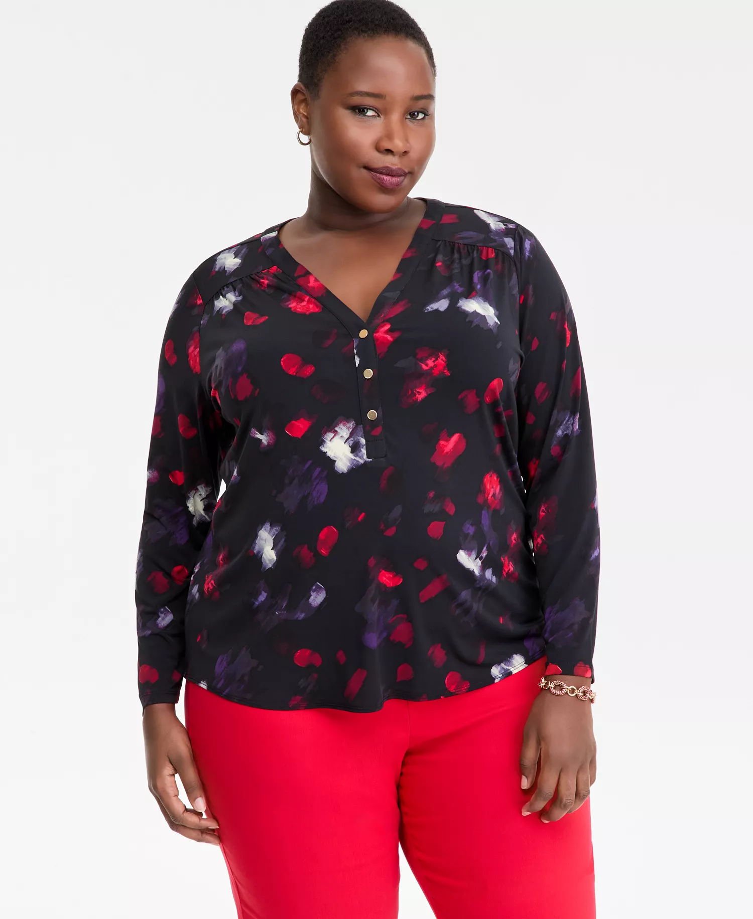 Plus Size V-Neck Long-Sleeve Top, Macy's Exclusive  - Ava Blooms - 0X
