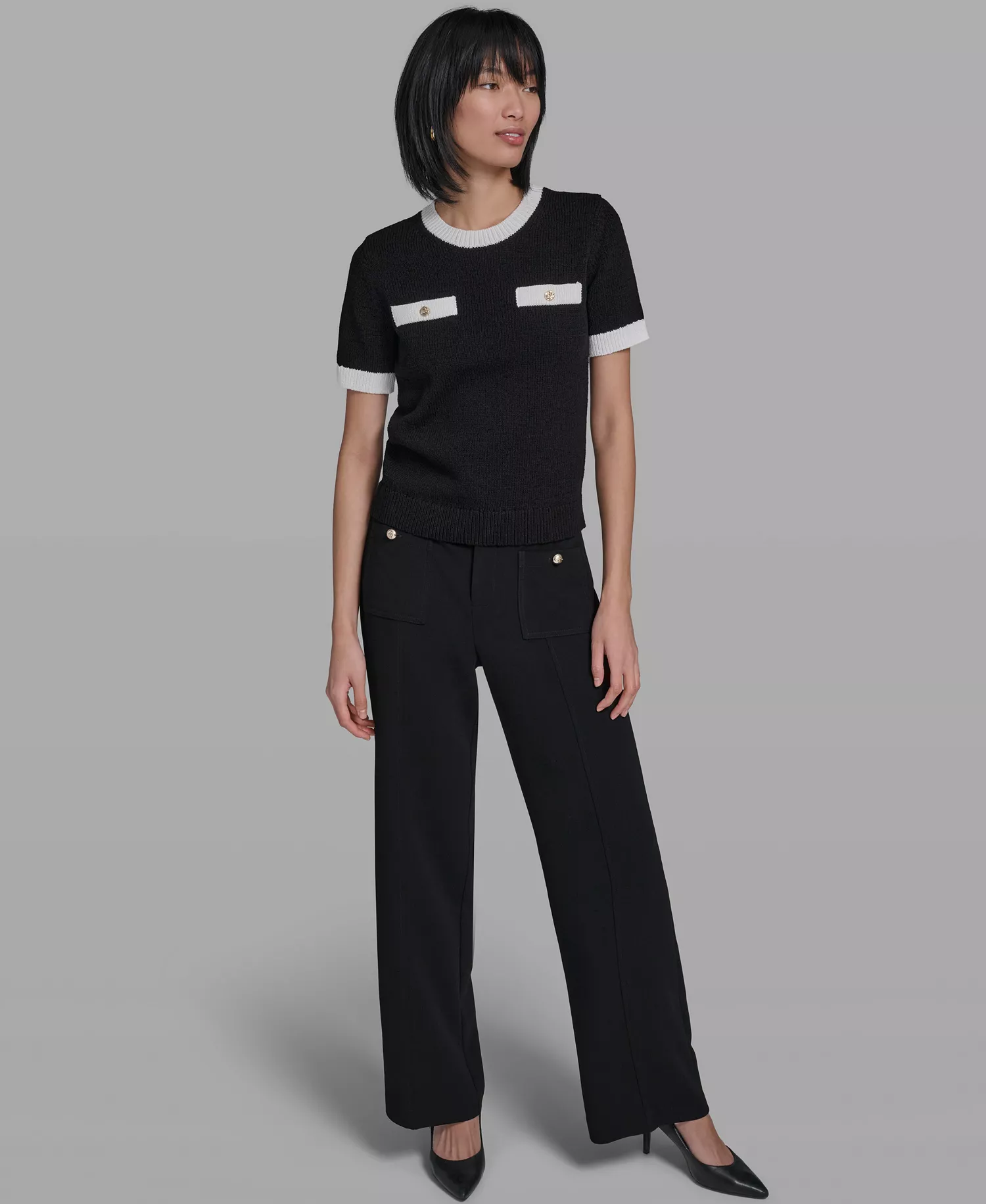 Women's Crew Neck Short-Sleeve Sweater - Black/soft White - L