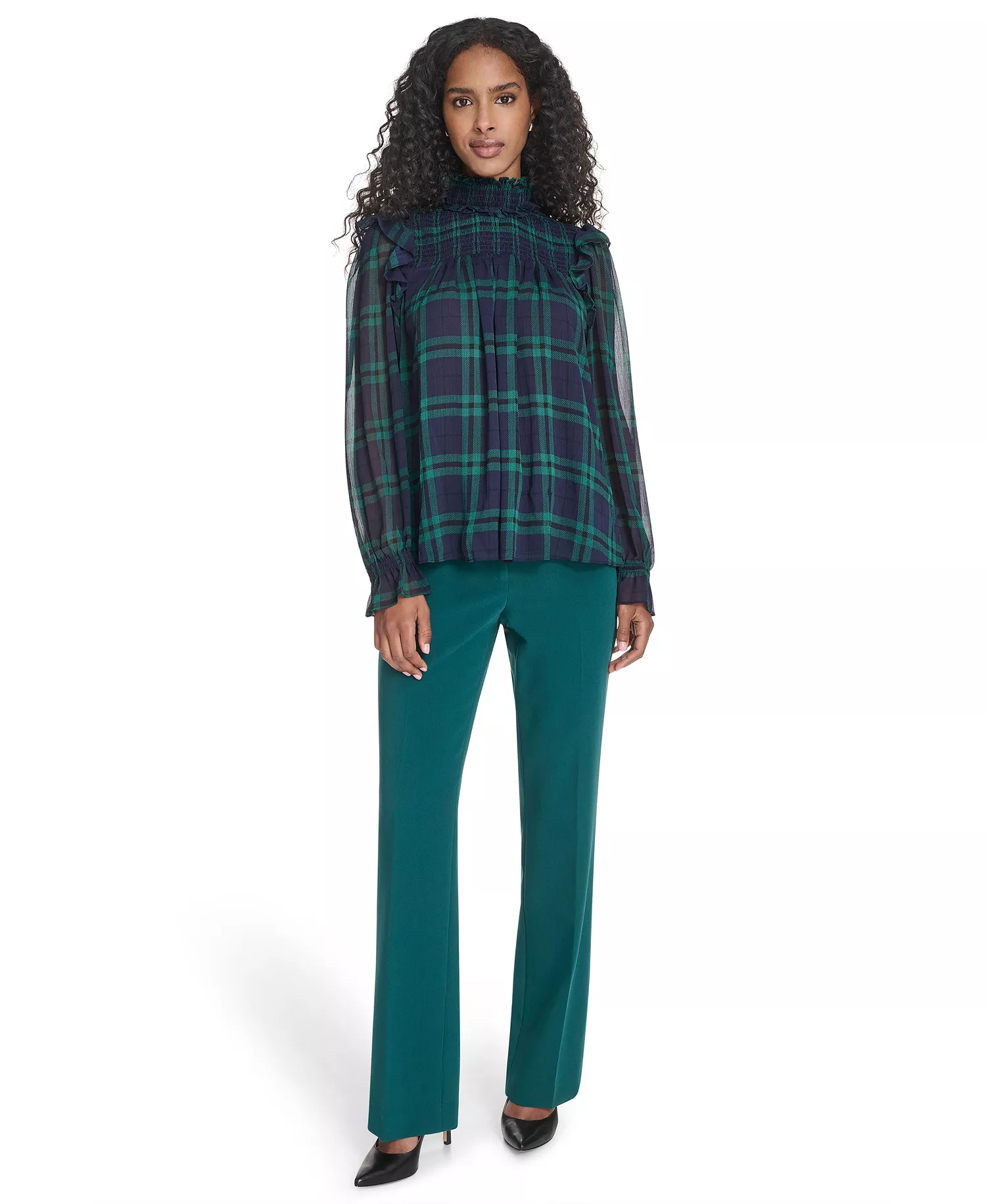 Women's Plaid Peasant Mock Neck Top - Midnight/ Evergreen - L