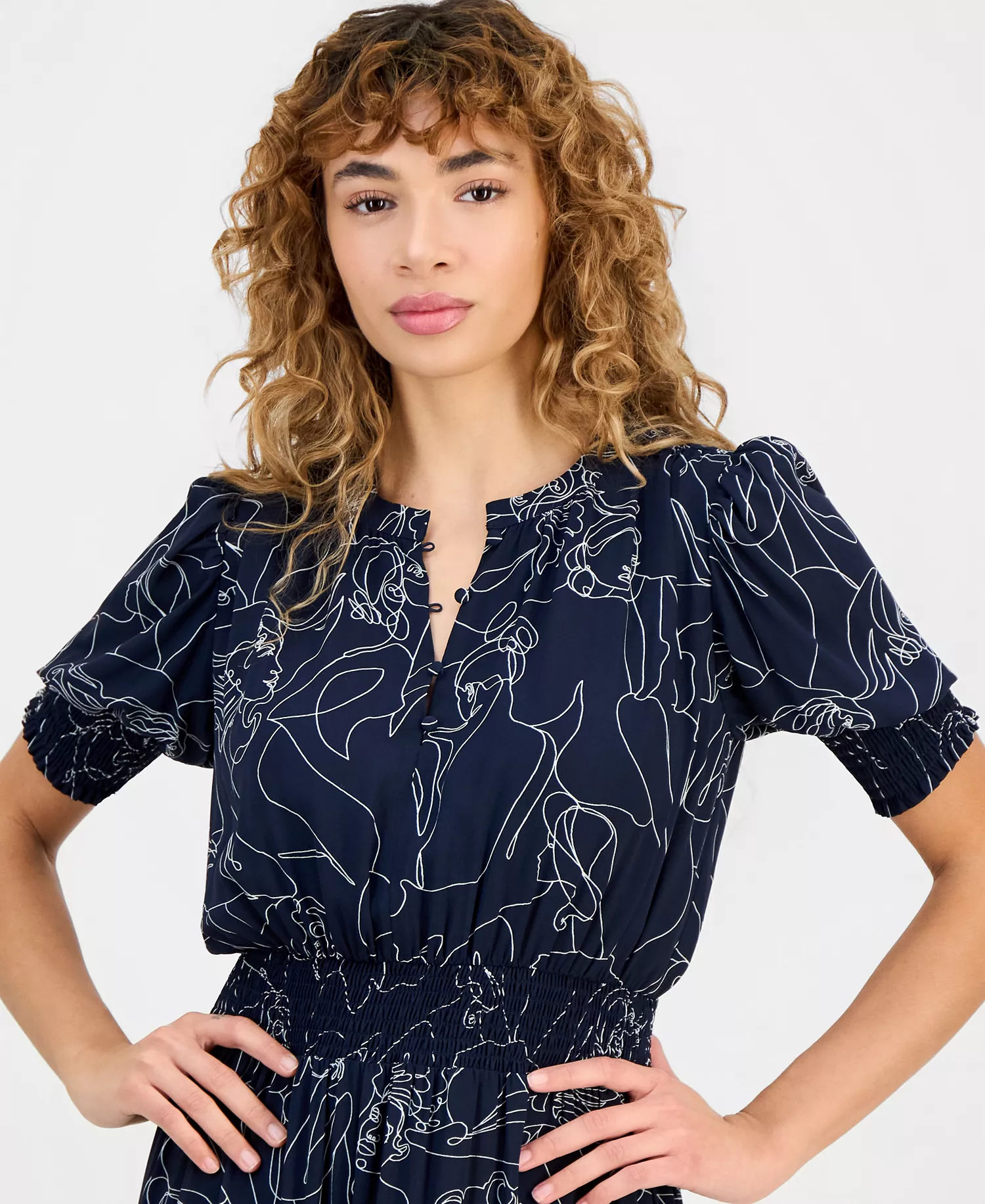 Women's Floral-Print Smocked-Waist Elbow-Sleeve Dress - Lifeform - L