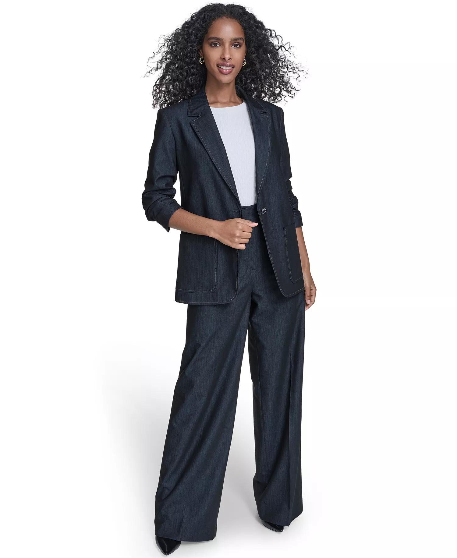 Women's Faux Denim 3/4-Sleeve Jacket, Denim Wide Leg Pants, and Textured Short-Sleeve Sweater - Indigo - 10