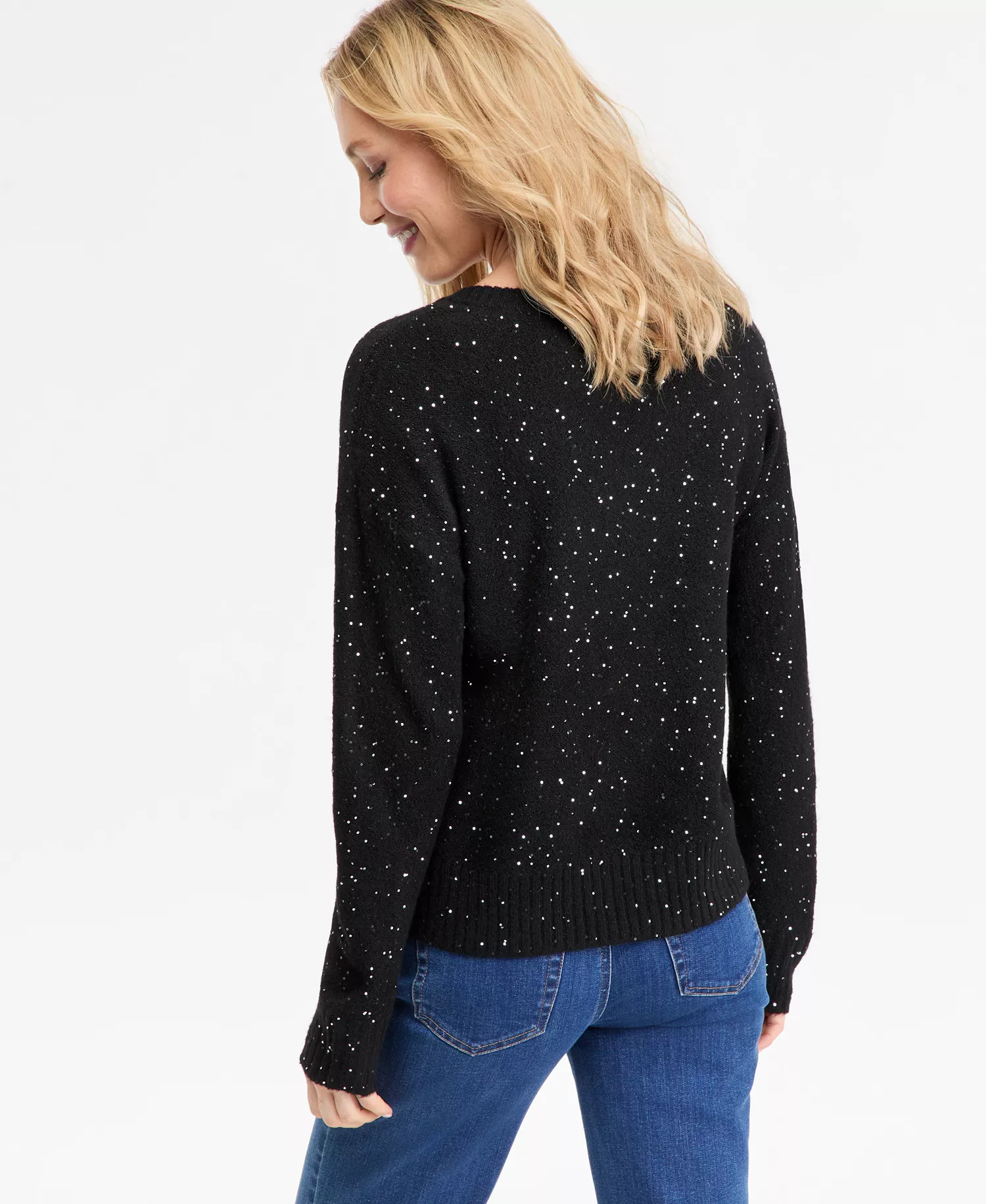 Petite Roving Sequin V-Neck Sweater, Macy's Exclusive  - Deep Black - P/XL