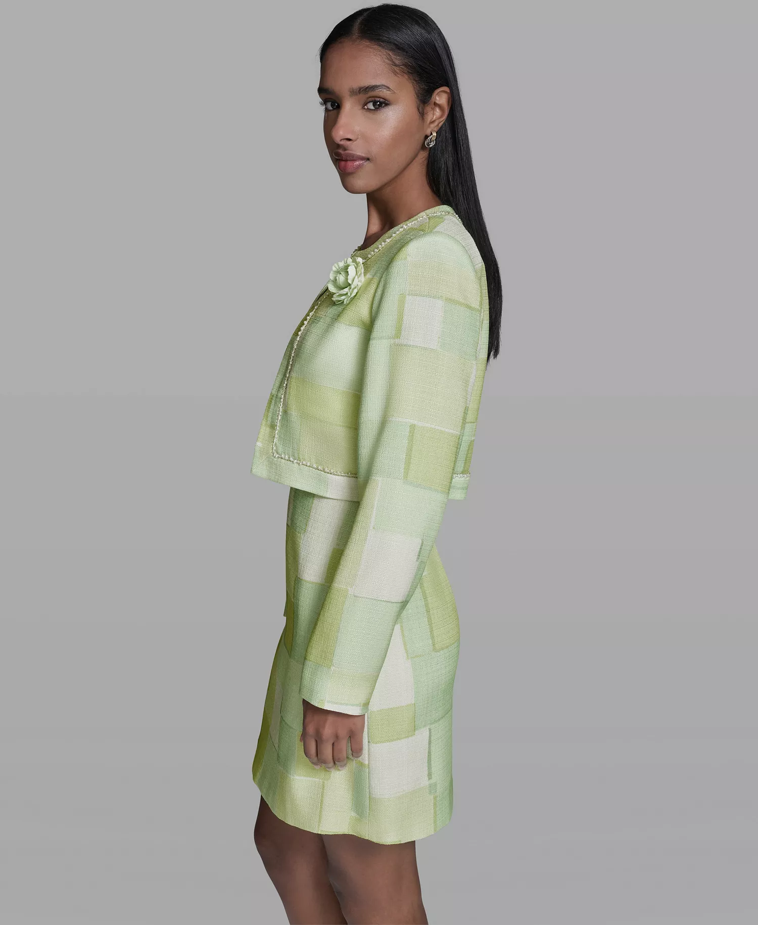 Women's Printed Open-Front Jacket Dress - Tea Green/Soft White Multi - 0