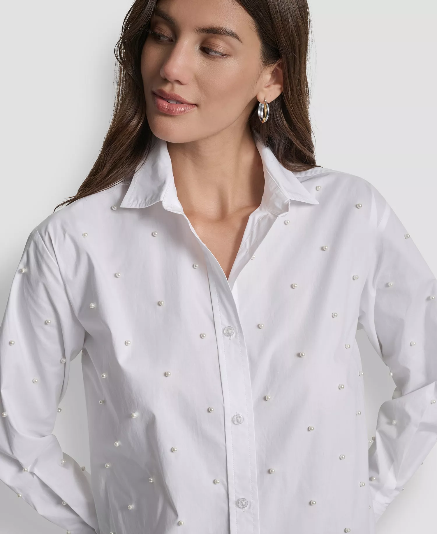 Women's Imitation Embellished Long Sleeve Shirt - White - PL