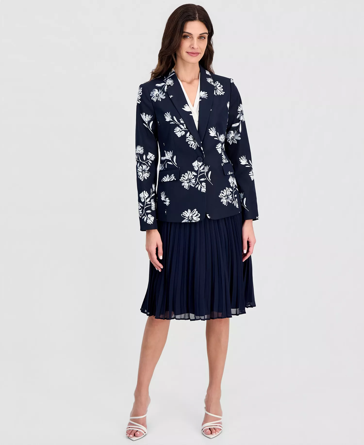 Petite Printed One-Button Jacket - Navy Ivory - 10P