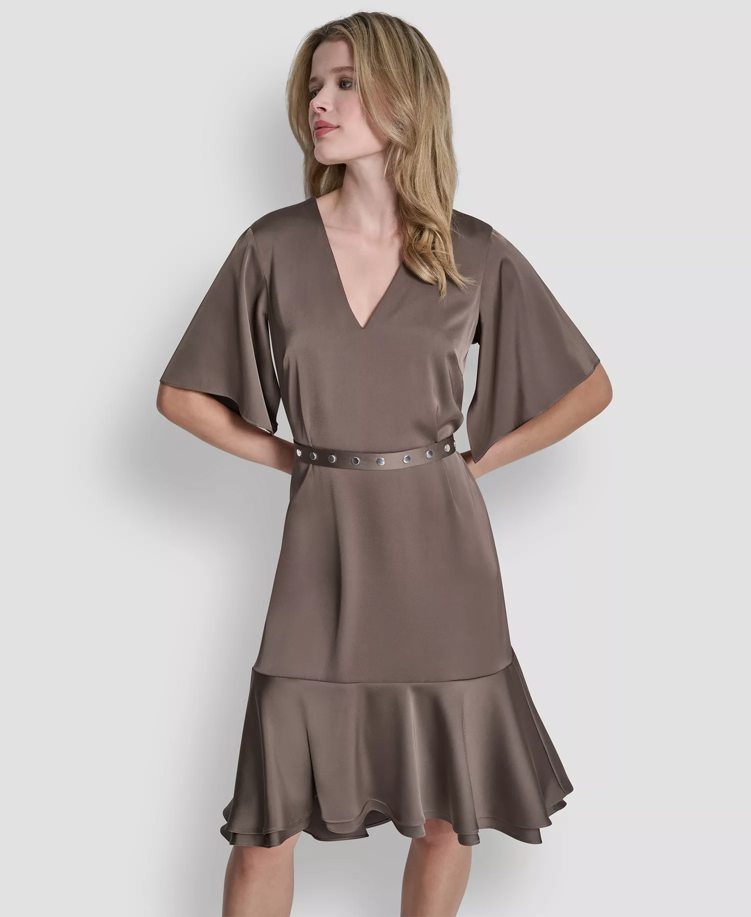 Women's Flutter Sleeve V-Neck High Low Midi Dress - Morel - 10
