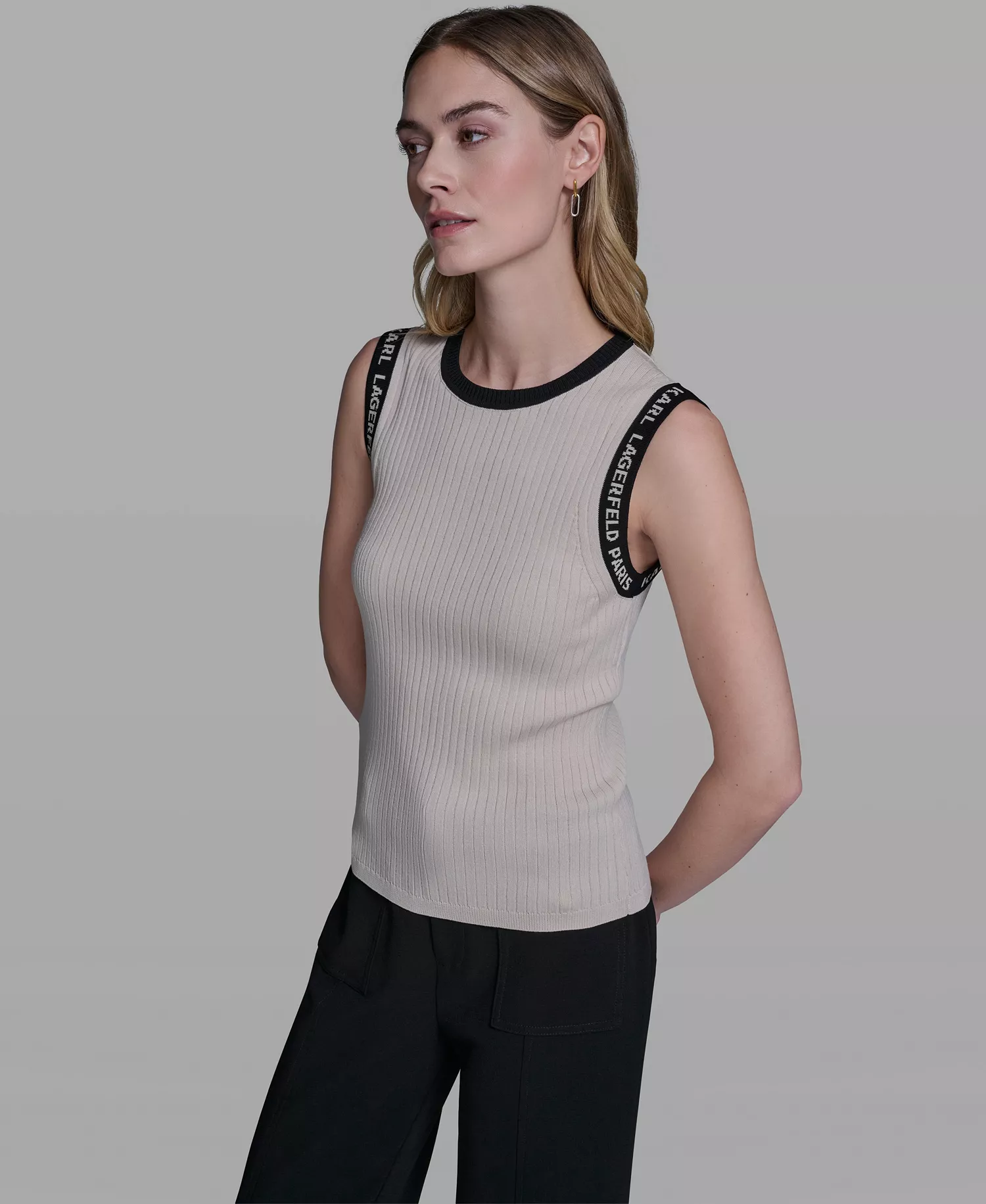 Women's Sleeveless KLP Trim Tank Top - Bisque/black - L