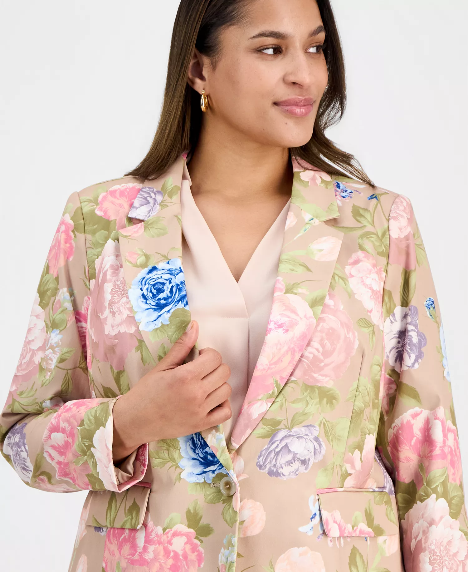 Plus Size Printed Notch-Lapel Satin Blazer - Taupe Multi - 14W