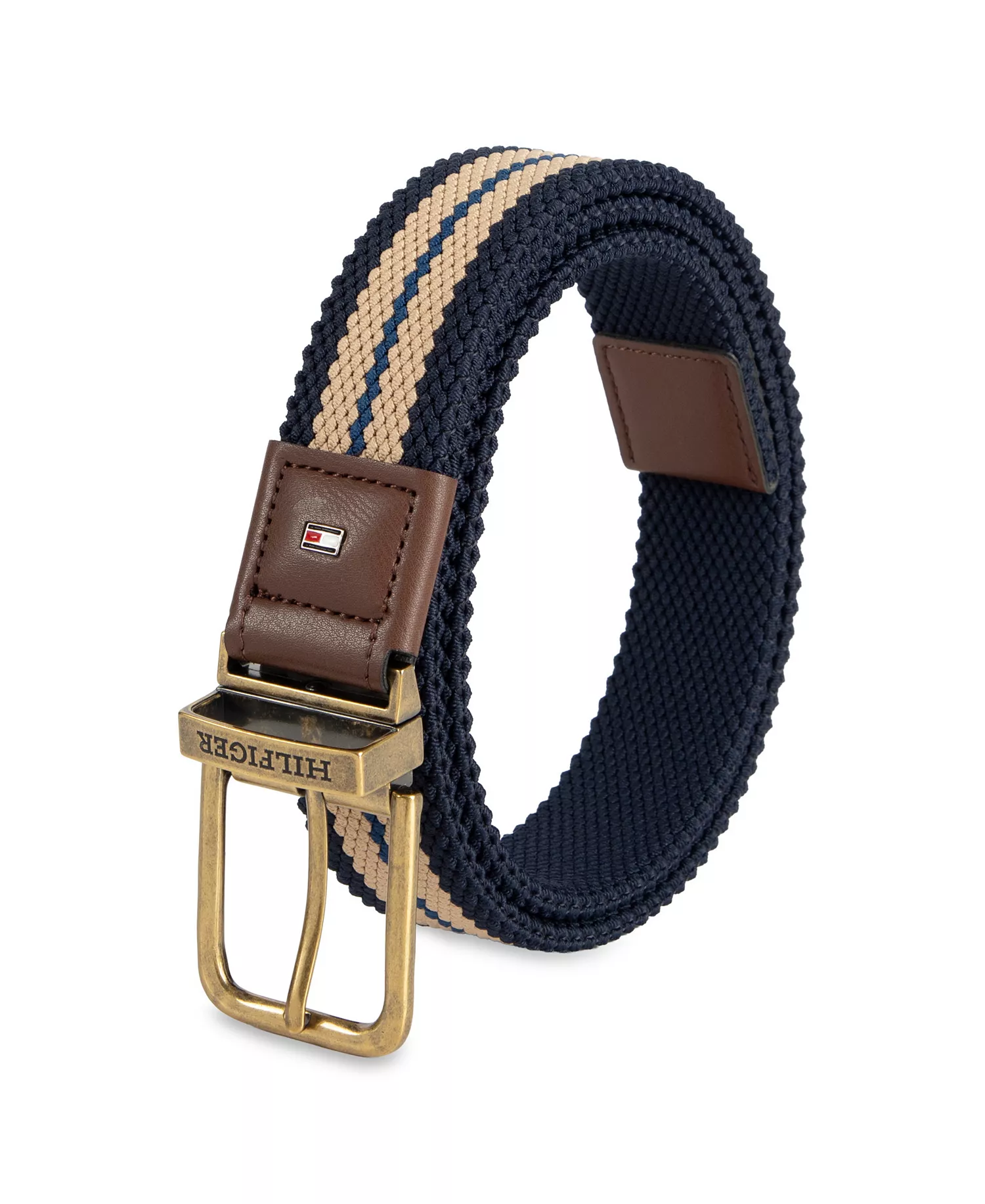 Men's Two-In-One Reversible Striped Stretch Cord Belt - Tan/Navy - L (38-40)