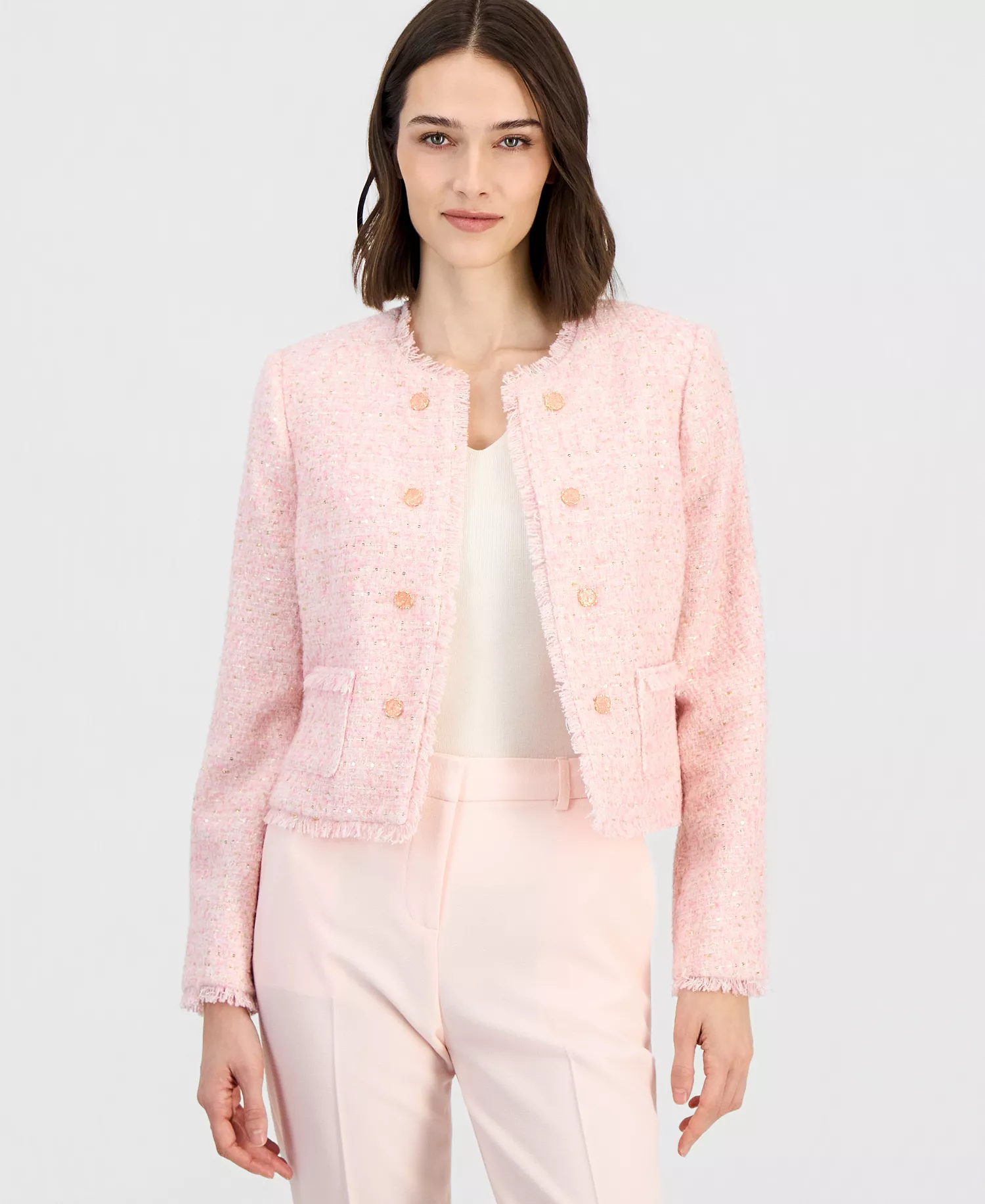 Petite Padded Cropped Collarless Jacket - Tea Rose - 10P
